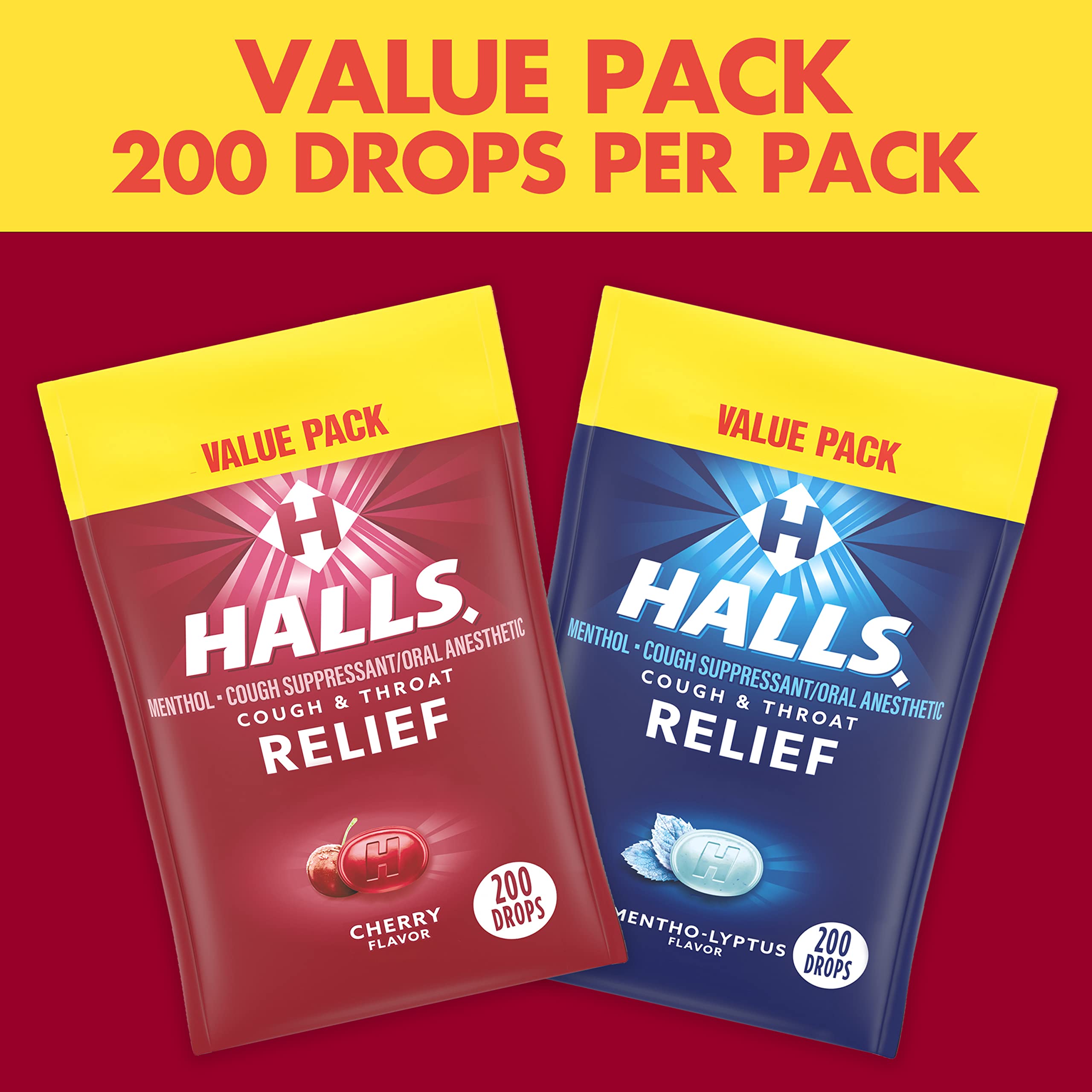 HALLS Relief Variety Pack, Cherry and Mentho-Lyptus Cough Drops, 2 Value Packs of 200 Drops (400 Drops Total)