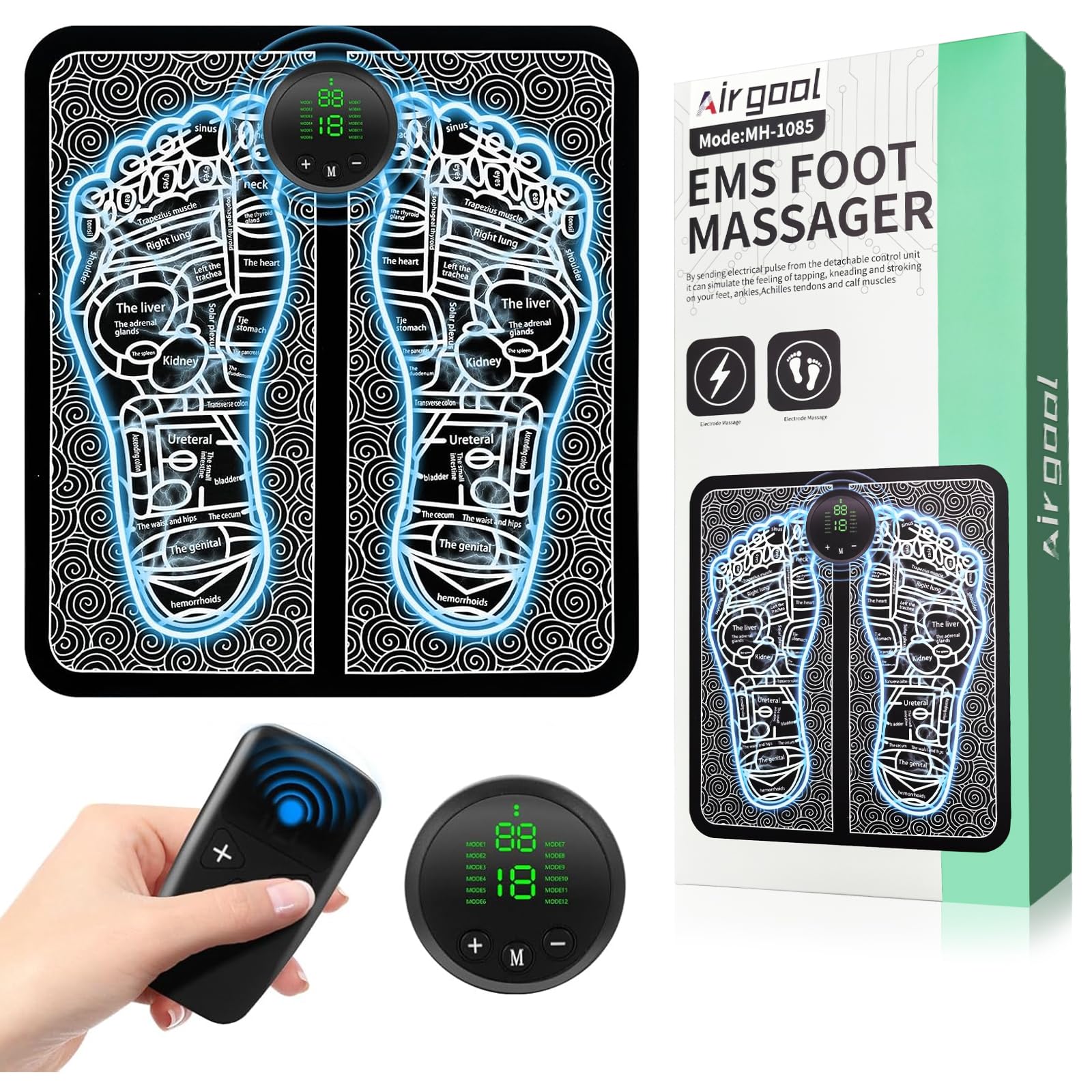 airgoal EMS Foot Massager, MHD TENS Transcutaneous Electrical Nerve Stimulator (TENS), Powered Musele Stimulator (PMS), 12 Opera