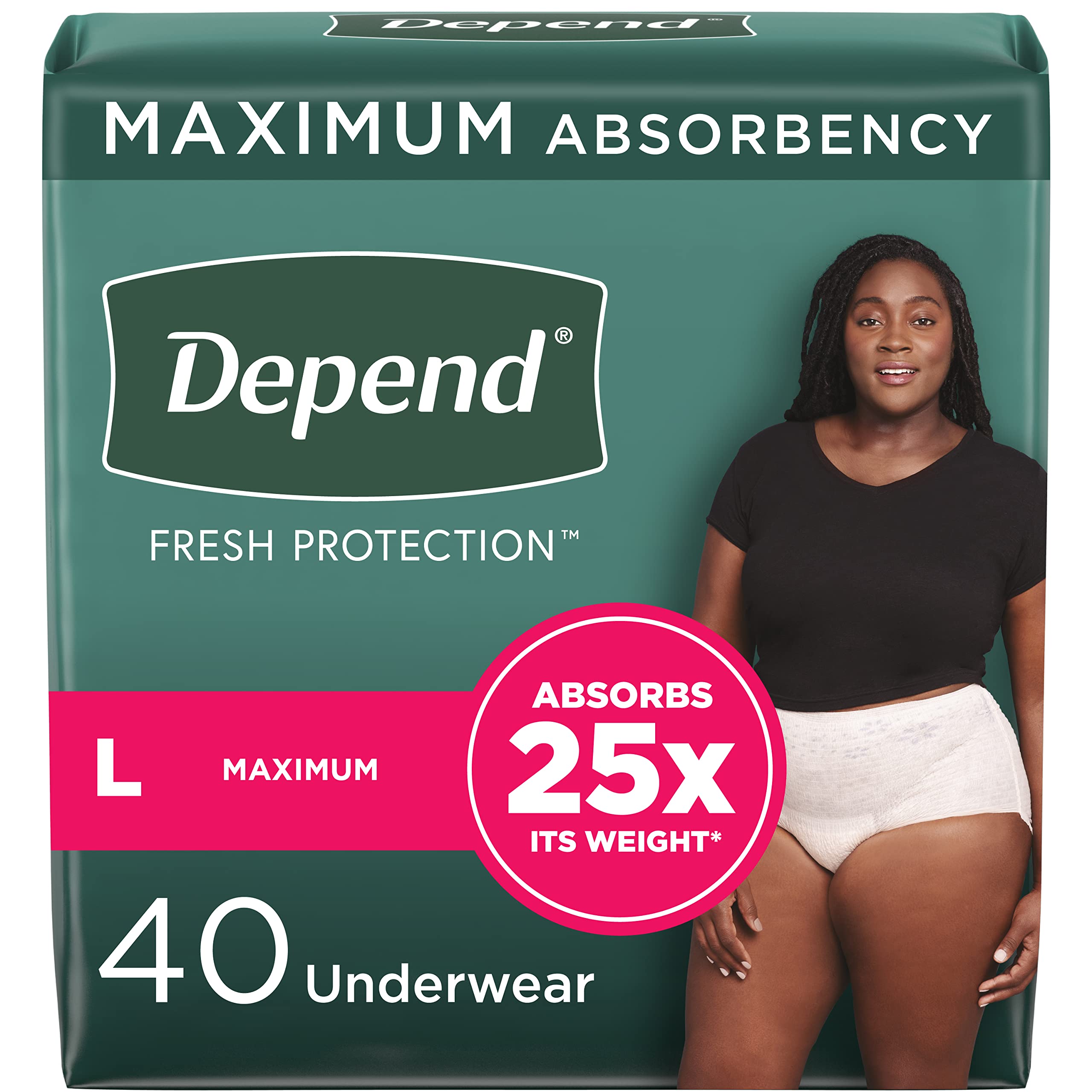 Depend FIT-Flex Incontinence Underwear for Women, Disposable, Maximum Absorbency, Large, 40 Count