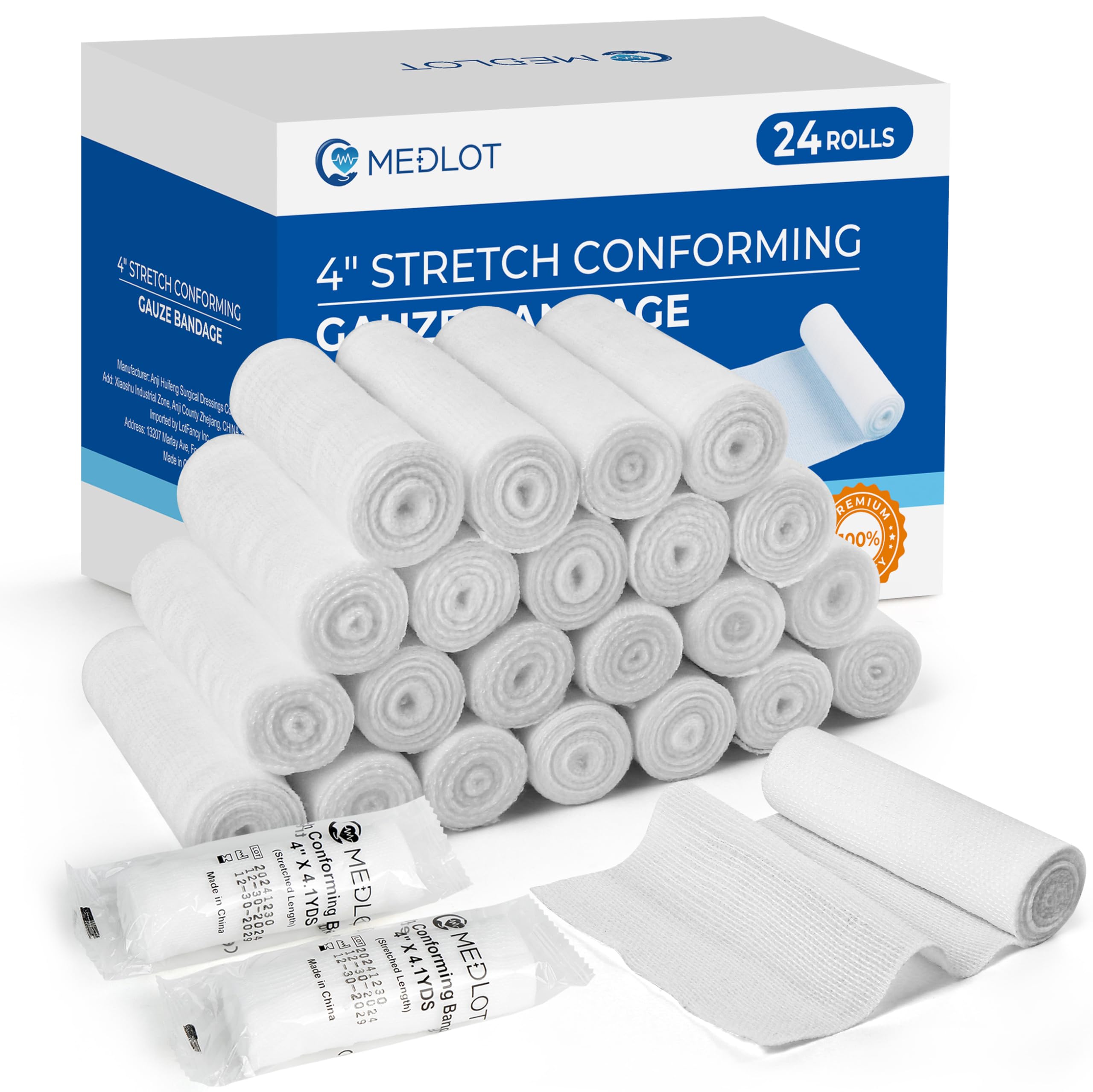 LotFancy Gauze Rolls, 24 Count, 4 Inch x 4.1 Yards, Rolled Gauze Wrap for Wounds, Conforming Stretch Bandage, Medical Supplies f