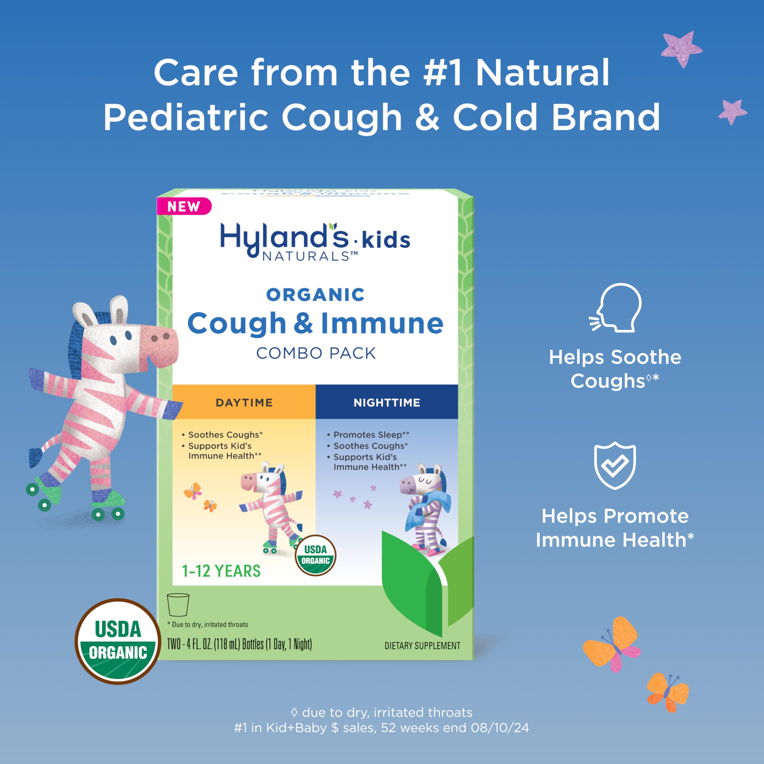 Hylands Kids Organic Cough and Immune Day and Night Combo Pack, Eases Coughs, Supports Immunity, Promotes Sleep, Two 4 Fl Oz. B