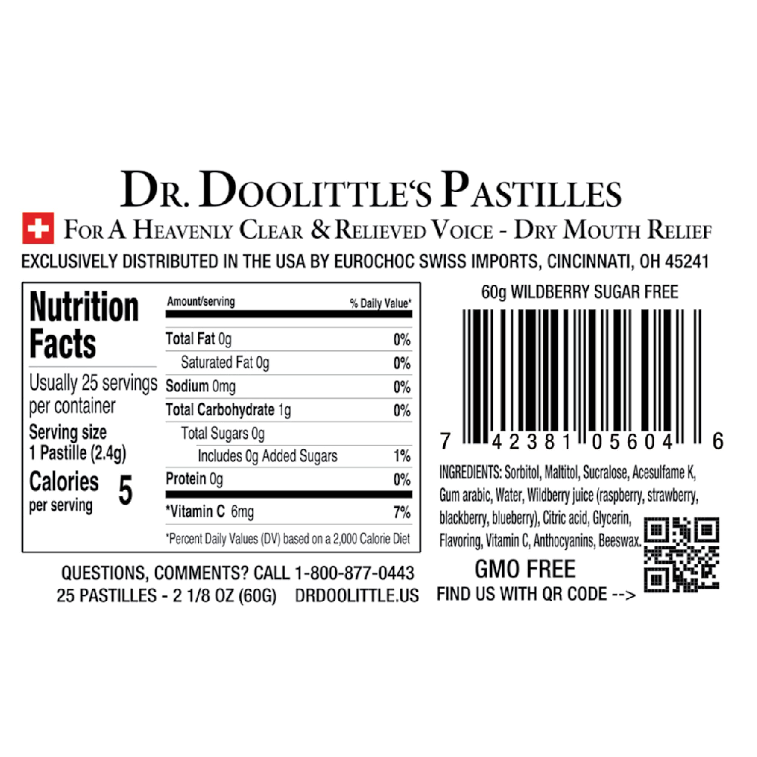 Dr. Doolittles Sugar Free Soft Fruit Pastilles for Voice and Throat, Wild Berries Flavor, 2.12 Ounce Tin, Approximately 25 Count