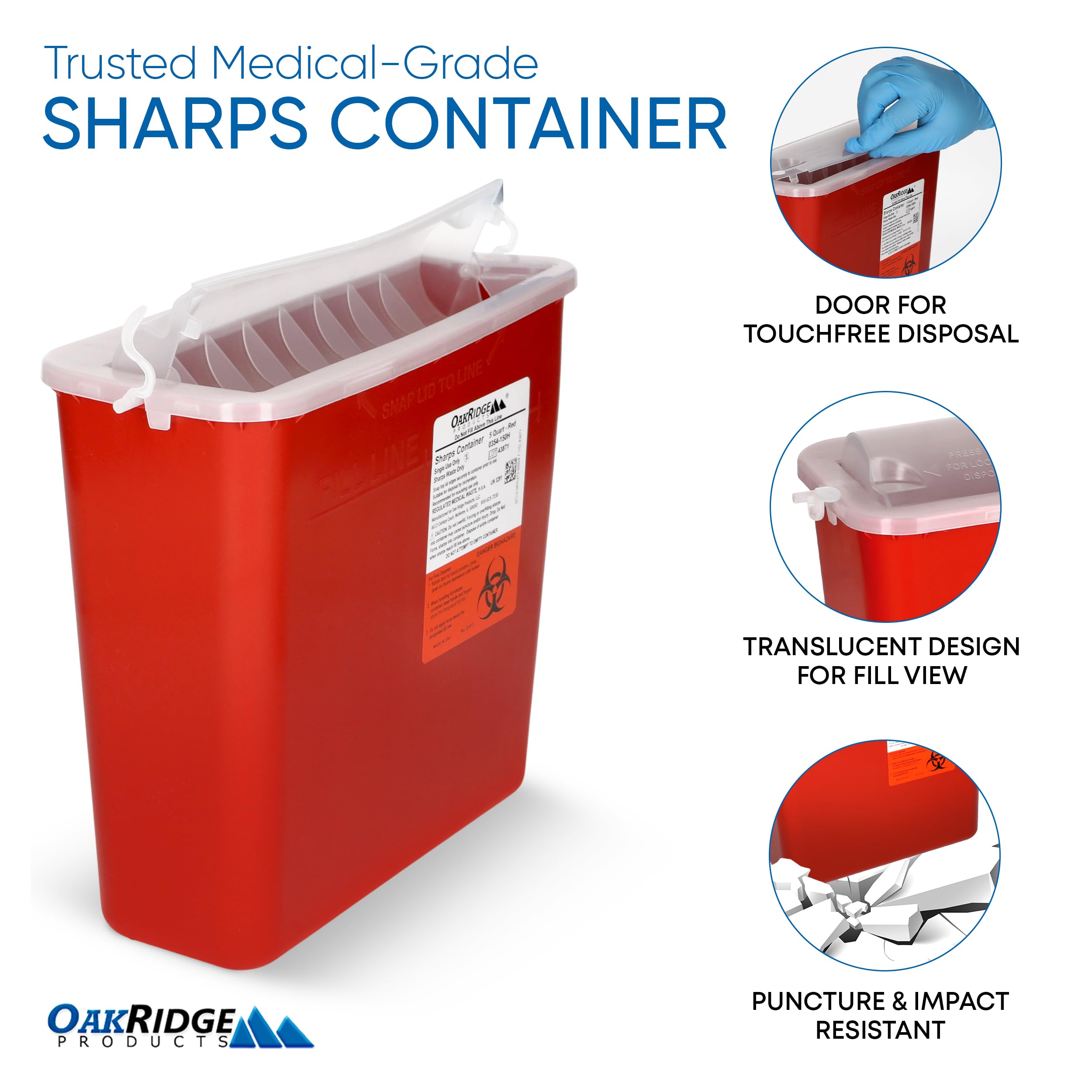 Oakridge Products Sharps Container for Home Use and Professional 5 Quart (1-Pack), Biohazard Needle and Syringe Disposal, Horizo