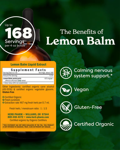 Herb Pharm Certified Organic Lemon Balm Liquid Extract for Calming Nervous System Support, Organic Cane Alcohol, 4 Ounce