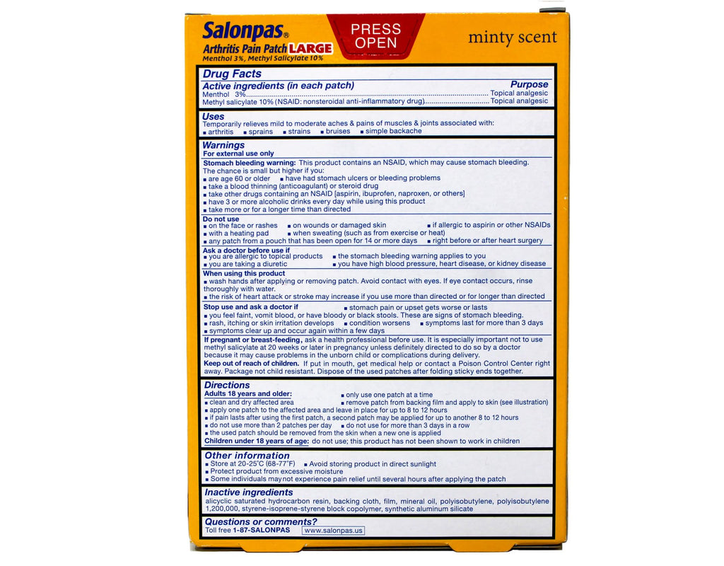 Salonpas Patch Large 3.9X5.5 Inches 9 Count for Mild to Moderate Temporary Relief