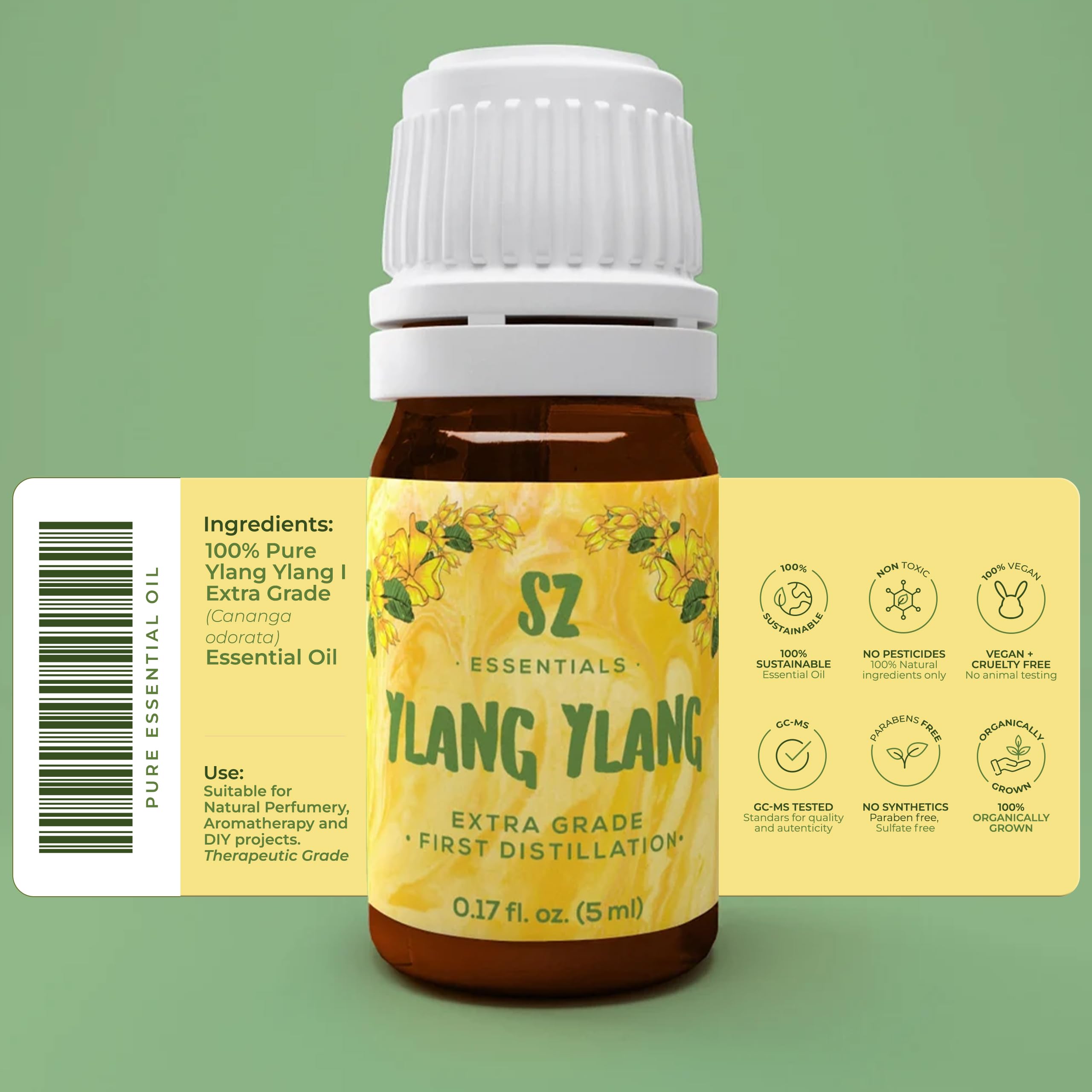 SZ Essentials Ylang Ylang Essential Oil - 100% Pure Natural and Undiluted- Extracted from Cananga Odorata var. Genuina - Floral