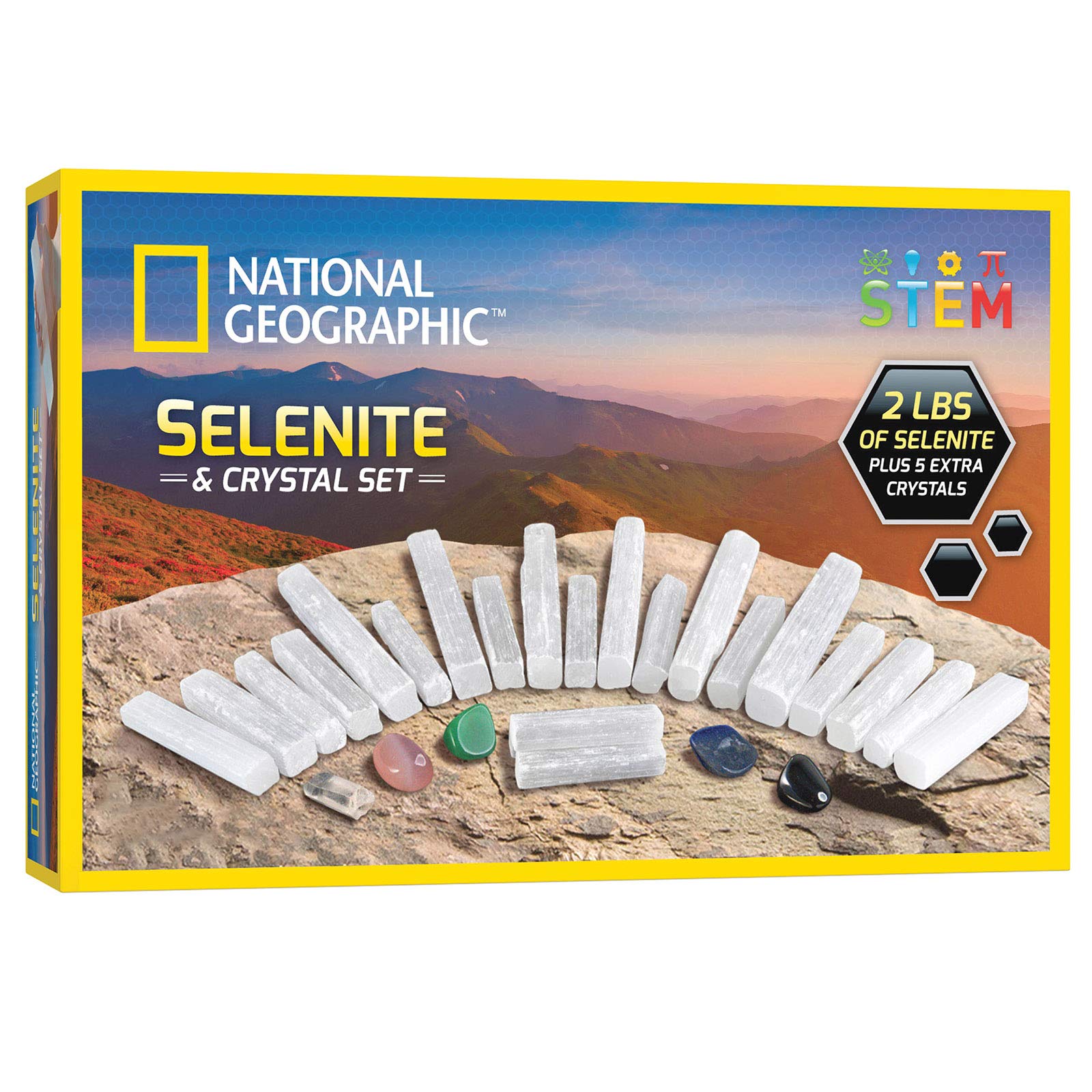 National Geographic Selenite Crystal Set - 2 lbs of Bulk Selenite Wands & 5 Premium Crystals, Rose Quartz, Hematite, Aventurine,
