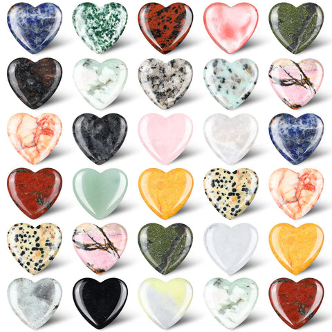 Nuenen 30 Pcs Heart Shape Crystals Bulk 1.2 Inch Gemstone Heart Stones Worry Stone Rocks Quartz Love Pocket Palm Bulk for Valent