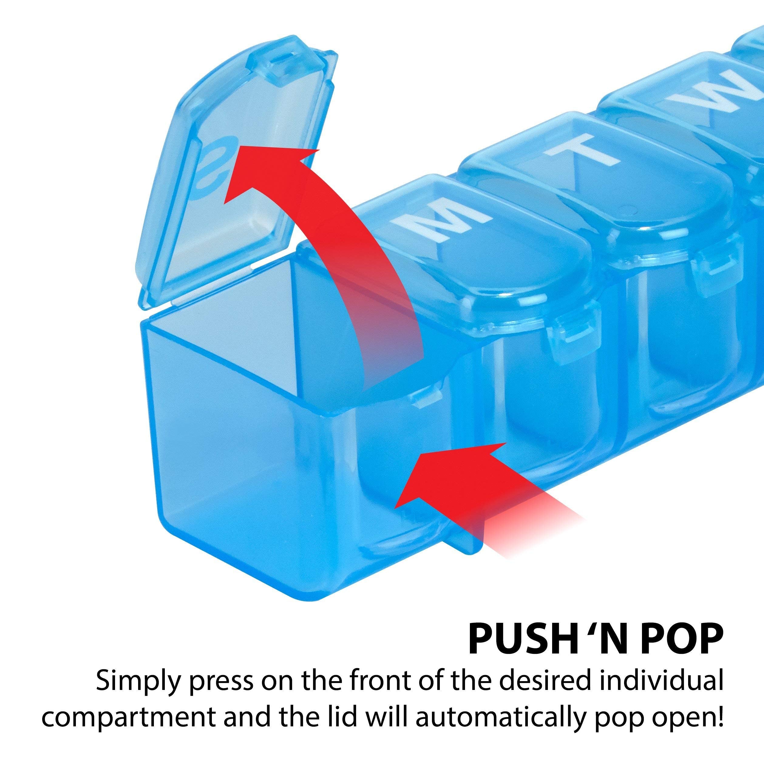 EZY DOSE Weekly (7-Day) Pill Case, Medicine Planner, Vitamin Organizer Box, Large Push N Pop Open Compartments, Convenient and