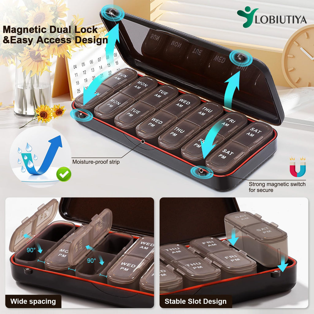 LOBIUTIYA Weekly Pill Organizer 2 Times a Day + 2 Detachable Organizers Kit - AM PM Travel for Vitamin Medicine Supplement Fish