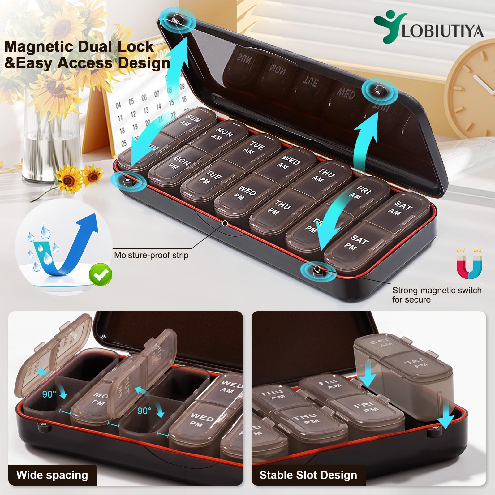 LOBIUTIYA Weekly Pill Organizer 2 Times a Day + 2 Detachable Organizers Kit - AM PM Travel for Vitamin Medicine Supplement Fish