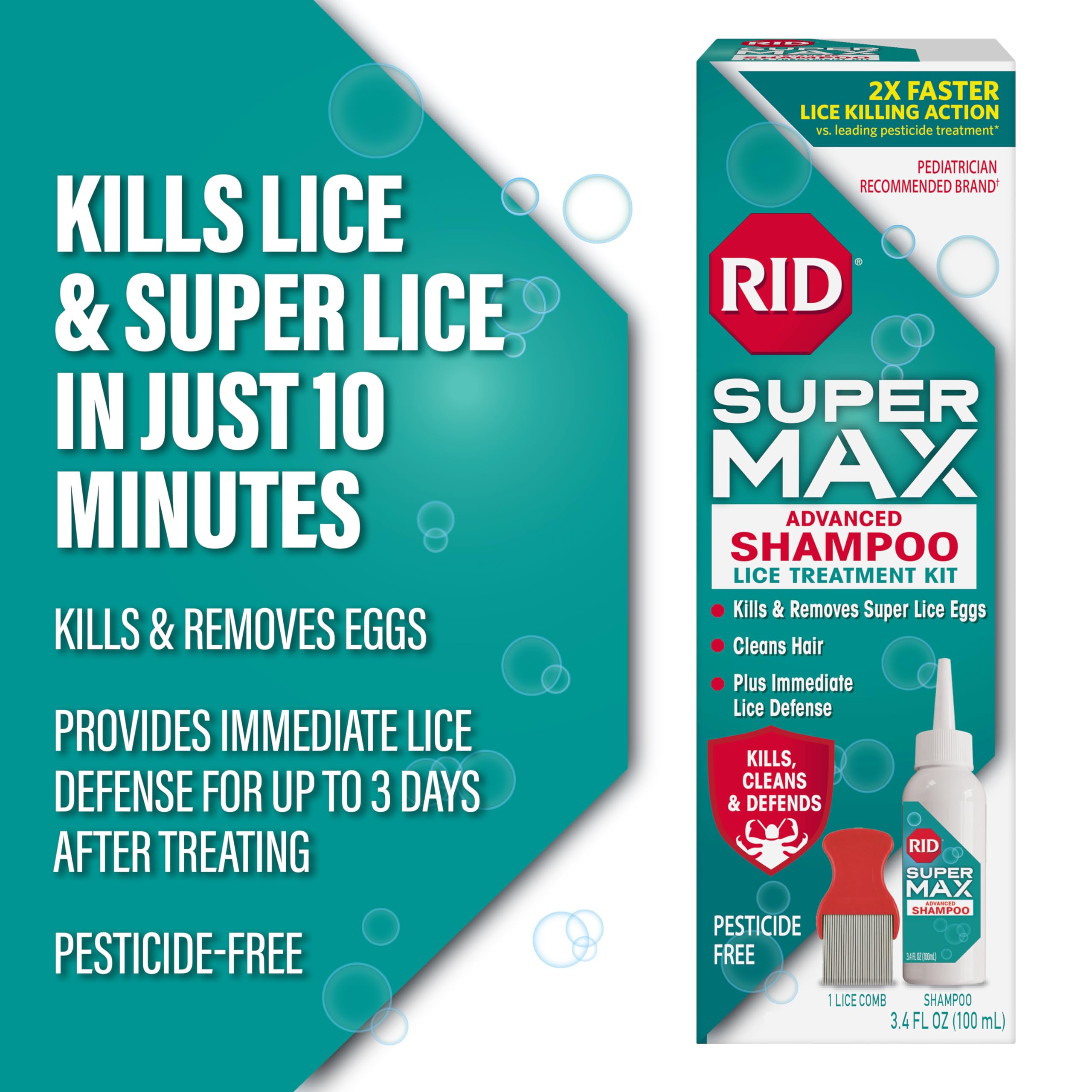 RID Super Max Advanced Shampoo Lice Removal Treatment, 3.4 Fl Oz, Includes Nit Removal Comb