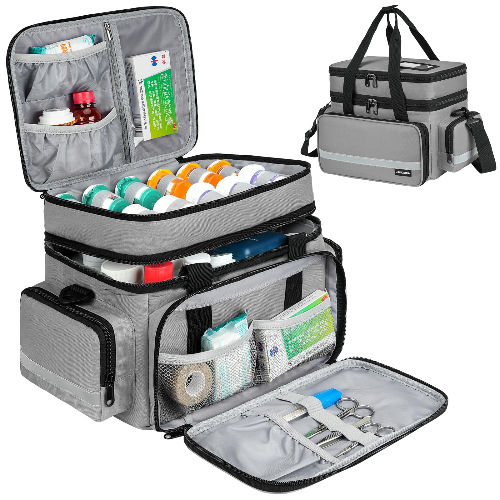 Large Pill Bottle Organizer, Double Layers Medicine Storage Bag with Lockable Zippers and Shoulder Strap,Medication Travel Bag f