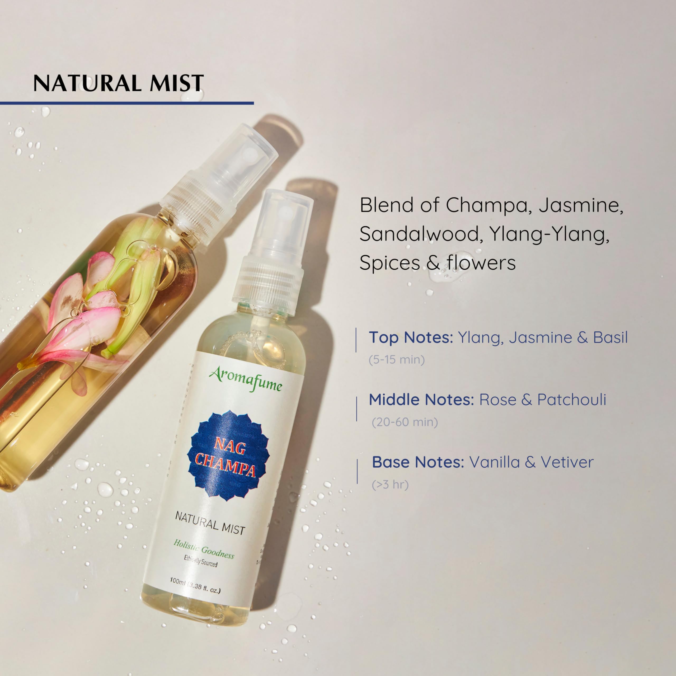 Nag Champa Natural Mist Spray by Aromafume | 100 ml / 3.3oz | Made with Sandalwood, Jasmine, Ylang Ylang & Champa flower extract