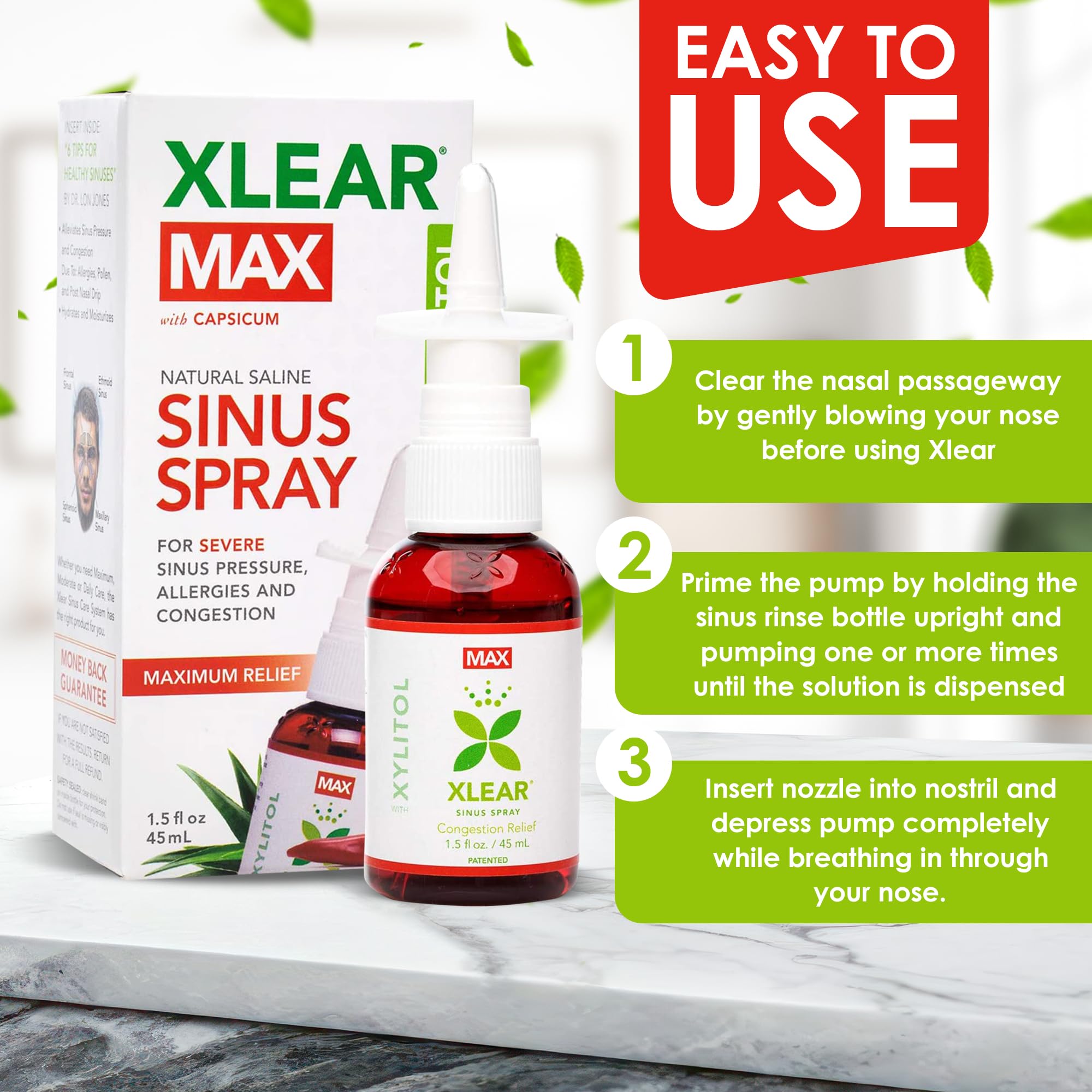 Xlear MAX Saline Nasal Spray, Natural Formula with Xylitol, Capsicum and Aloe, Nasal Decongestant for Sinus Pressure, Headache,