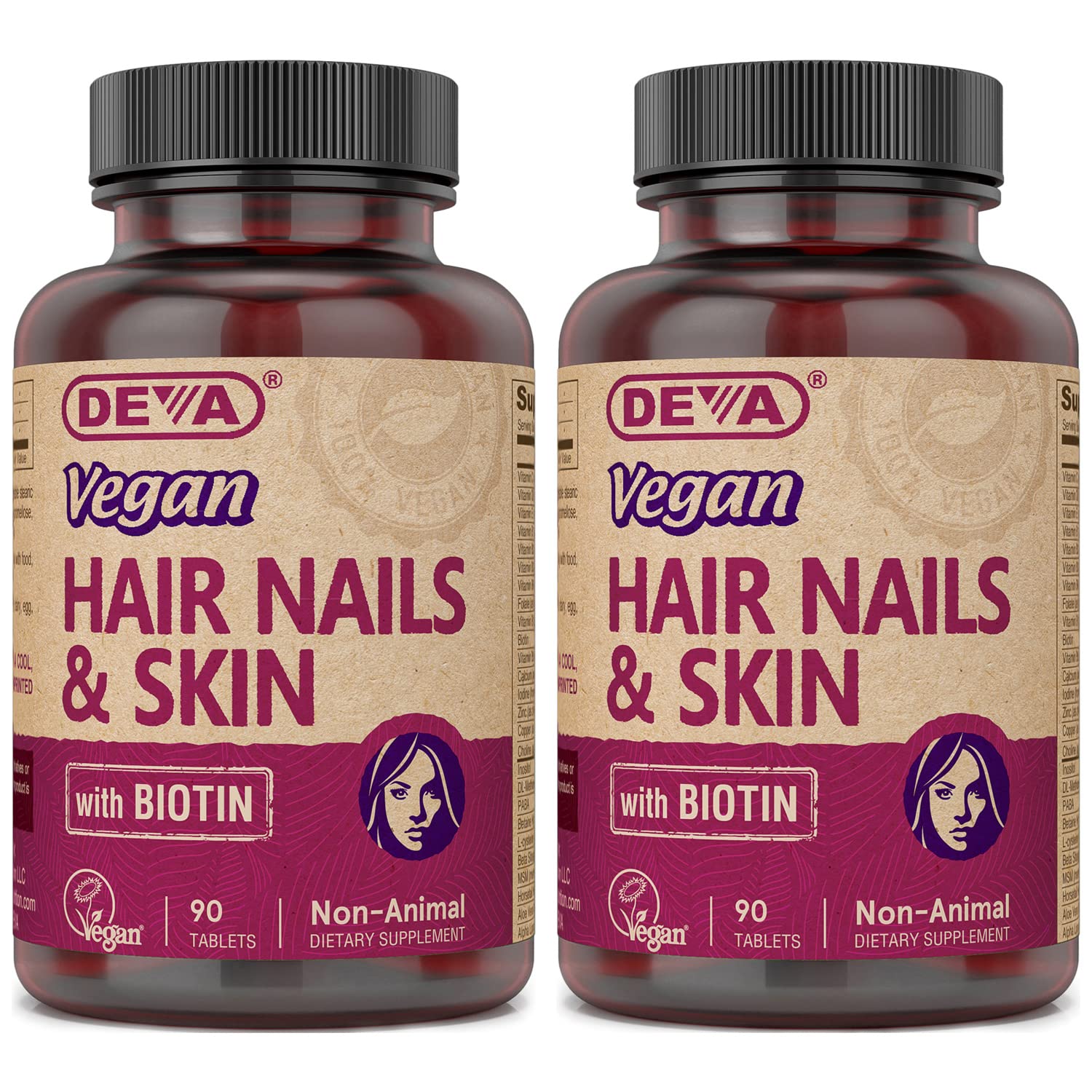 DEVA Vegan Vitamins Hair, Nails & Skin Supplement with 500 mcg of Biotin Per Tablet 90 Tablets (Pack of 2)