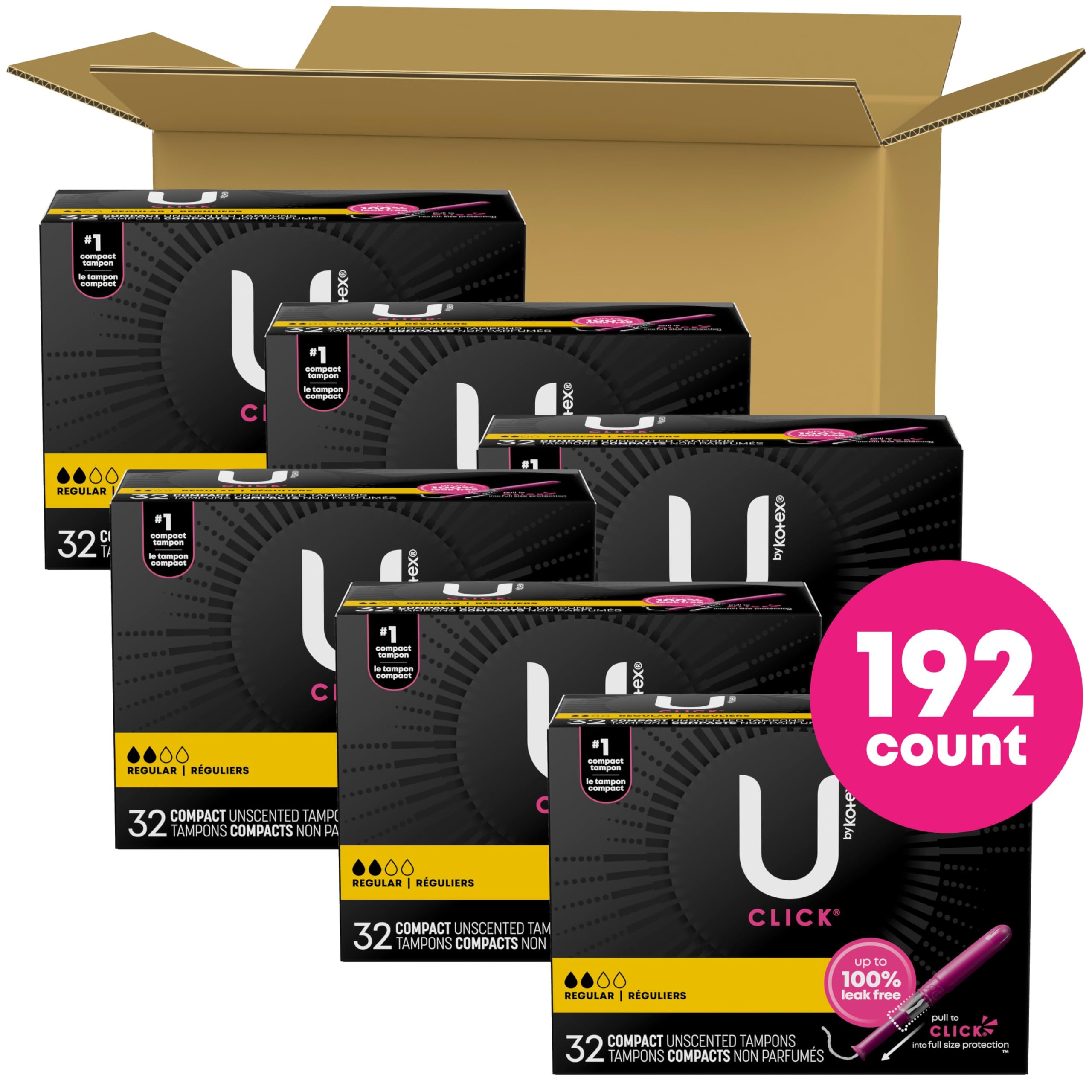 U by Kotex Click Compact Tampons, Regular Absorbency, Unscented, 192 Count (6 Packs of 32) (Packaging May Vary)