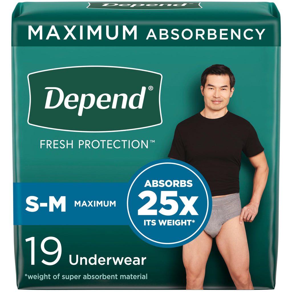 Depend Fresh Protection Adult Incontinence Underwear for Men, Disposable, Maximum, Small/Medium, Grey, 19 Count, Packaging May V