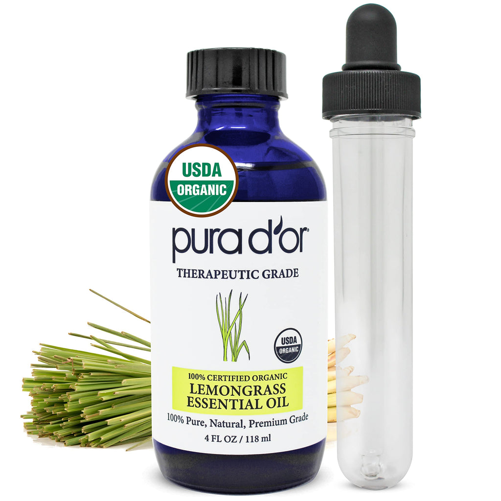 PURA DOR Organic Lemongrass Essential Oil, 4oz, Therapeutic Grade, for Hair, Body, Skin, Aromatherapy, Relaxation, Massage, Vit