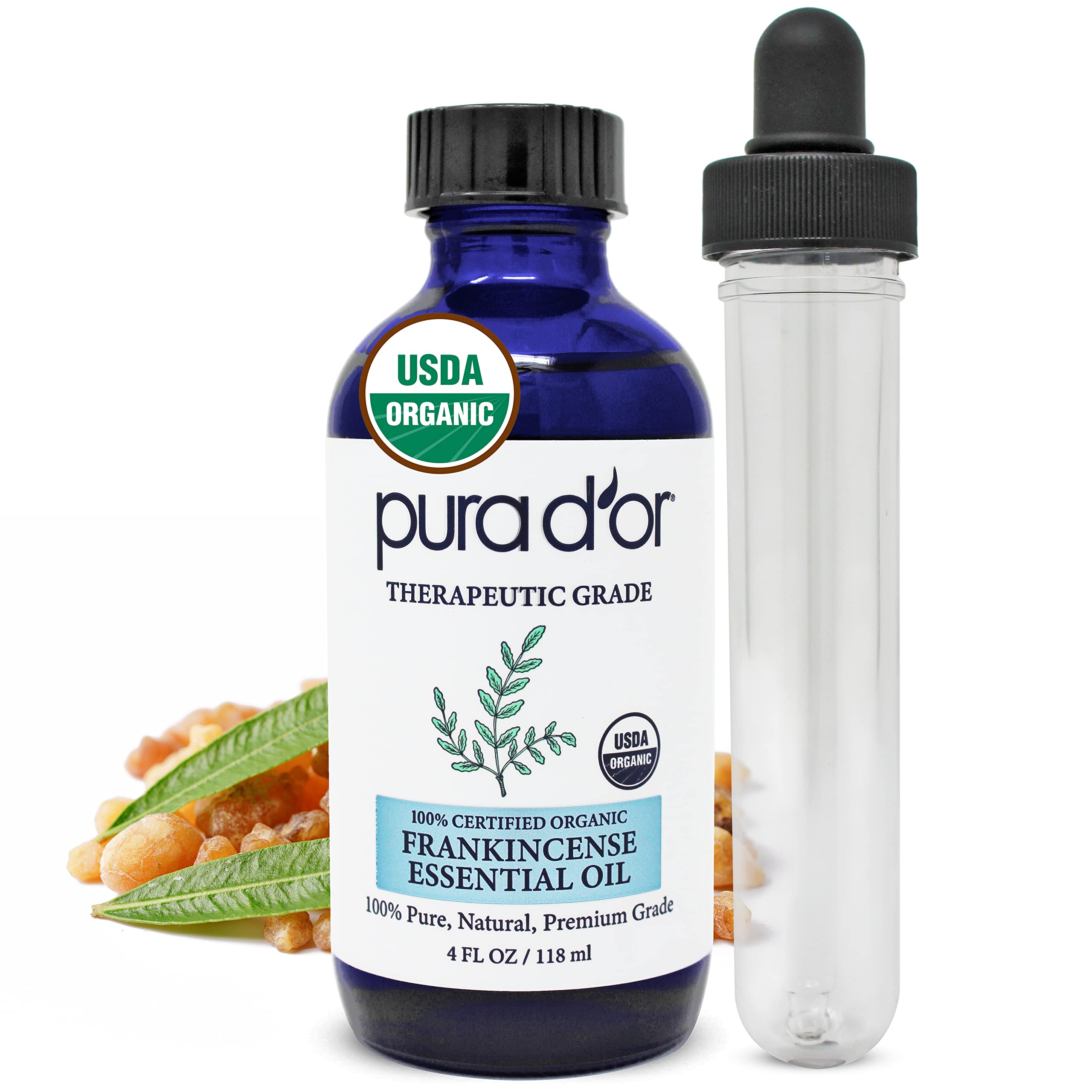 PURA DOR ORGANIC Frankincense Essential Oil (4oz with Glass Dropper) 100% Pure & Natural Therapeutic Grade For Hair, Body, Skin