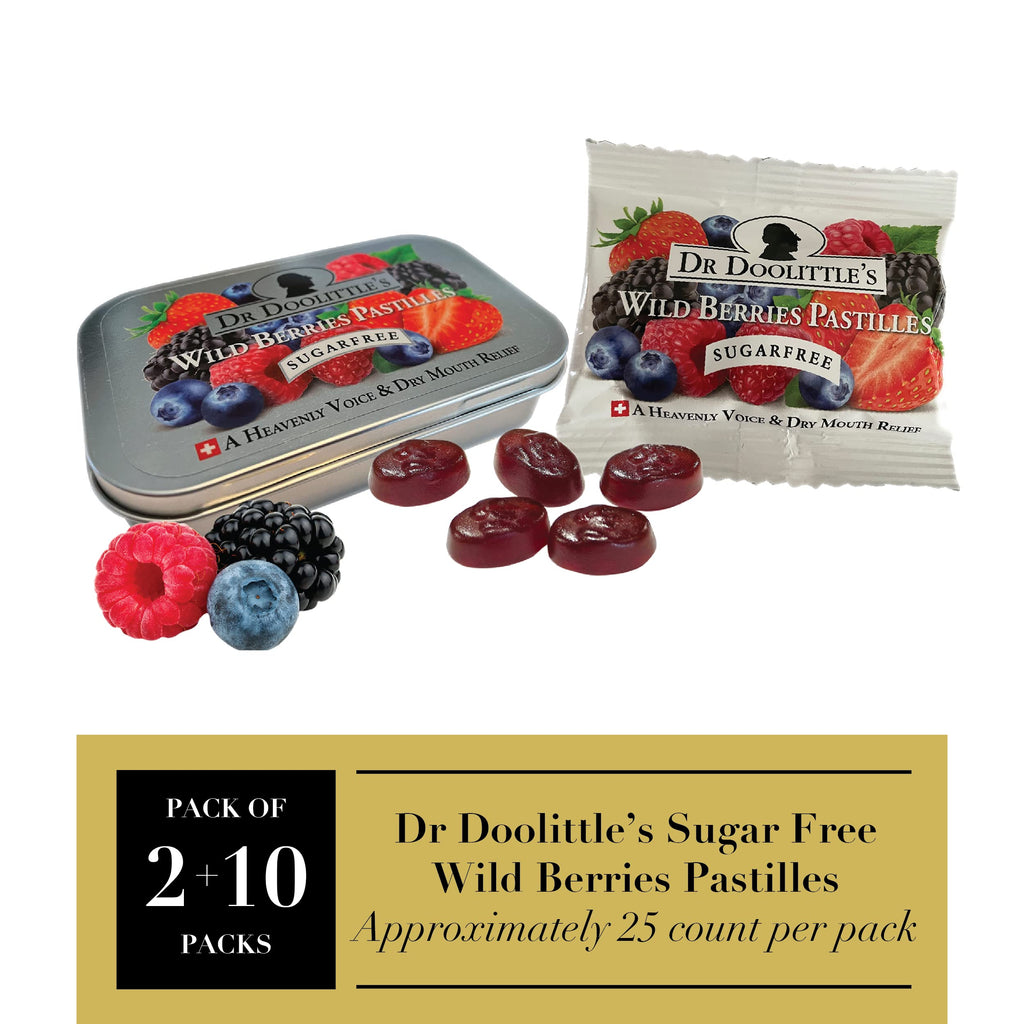 Dr. Doolittles Sugar Free Soft Fruit Pastilles for Voice and Throat, Wild Berries Flavor, Multipack of 2.12 Ounce Tin, 2 Pack an