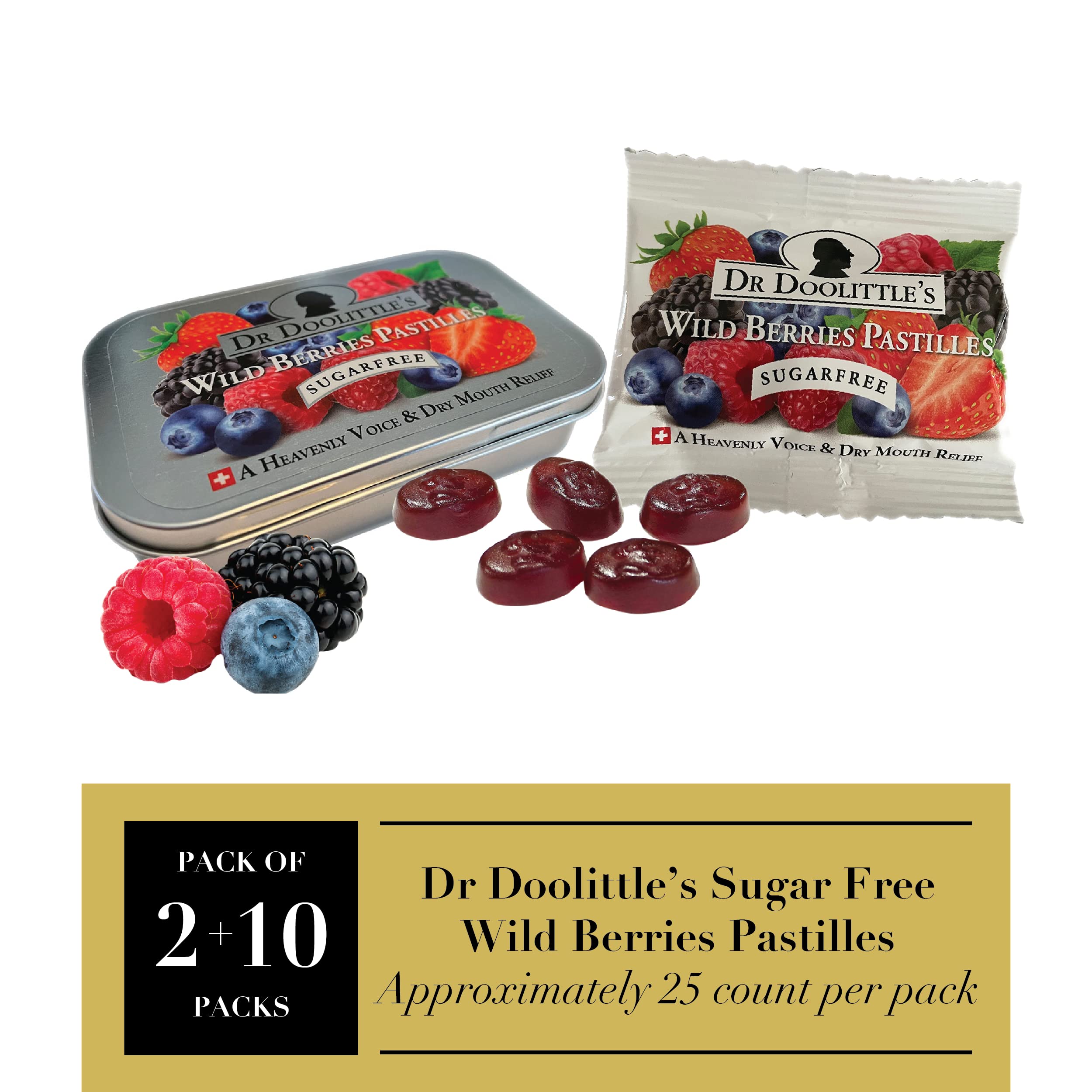 Dr. Doolittles Sugar Free Soft Fruit Pastilles for Voice and Throat, Wild Berries Flavor, Multipack of 2.12 Ounce Tin, 2 Pack an