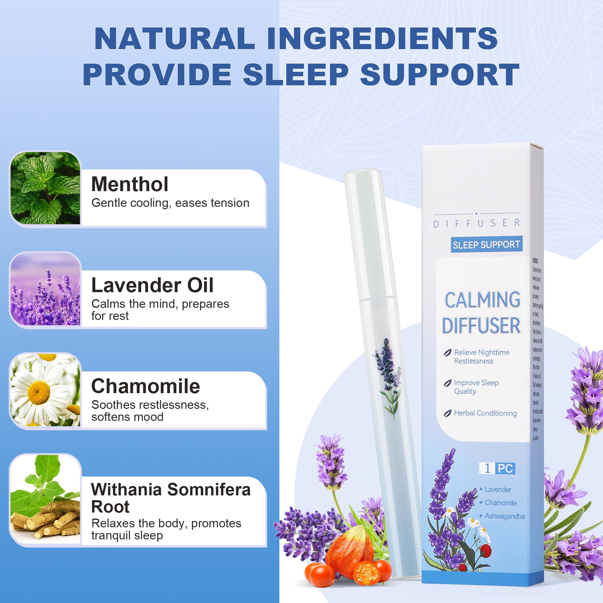 Herbal Diffuser Pen, 2 Pack Mullein & Melatonin Diffuser Pen, Night & Day Relax Duo Set for Fresh Breath & Calm Sleep Support, T