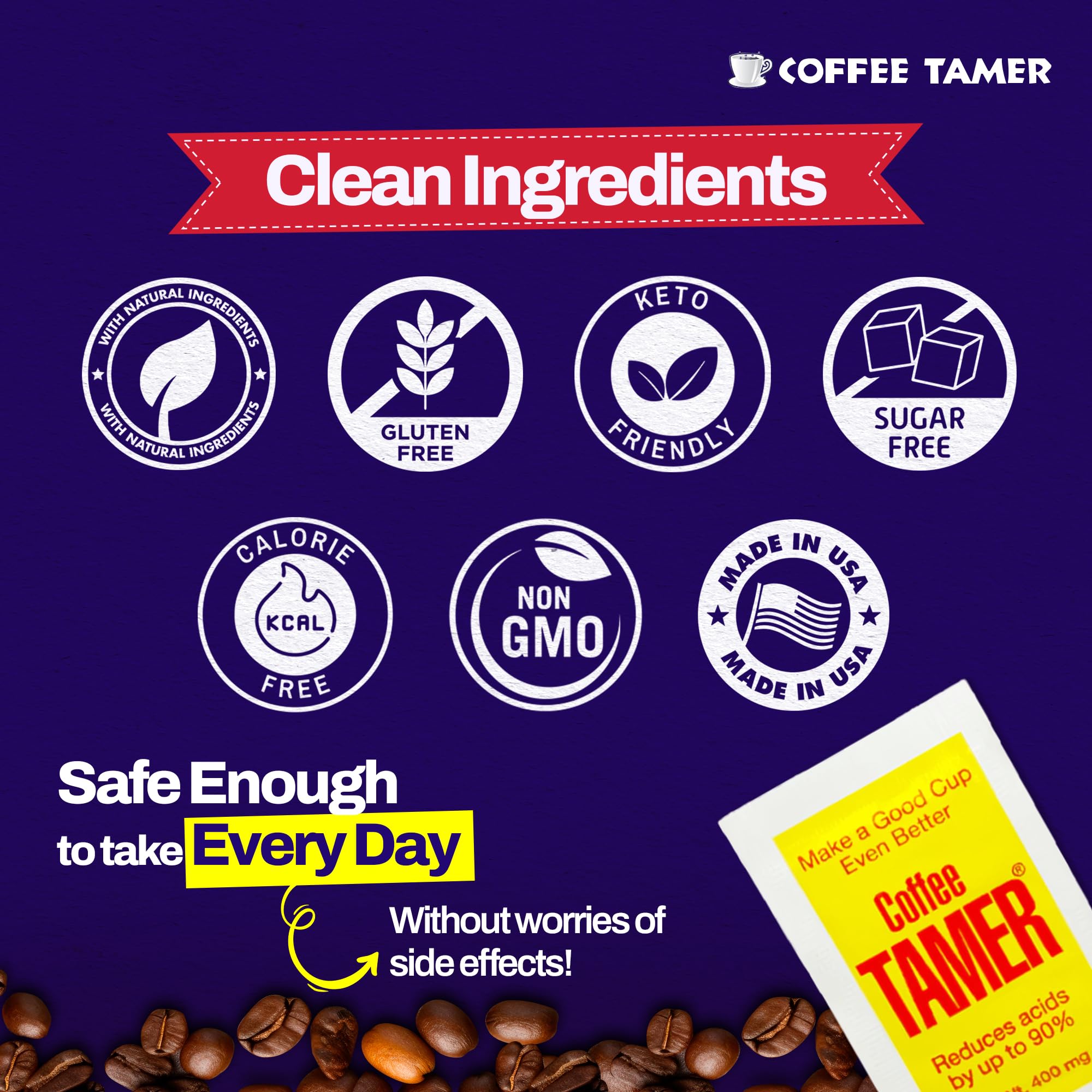 Coffee Tamer Coffee Acid Reducing Granules 50 Pack Box - Reduces Coffee Acids by up to 90% - All-Natural Minerals - Keto Friendy