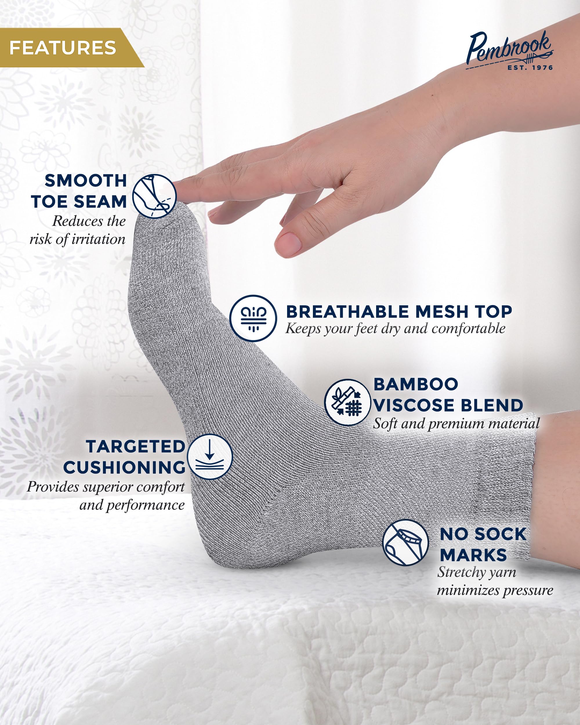 Pembrook Bamboo Viscose Diabetic Socks for Women & Men - 6 Pairs Ankle Socks for Swollen Feet | Neuropathy Socks | Moisture Wick