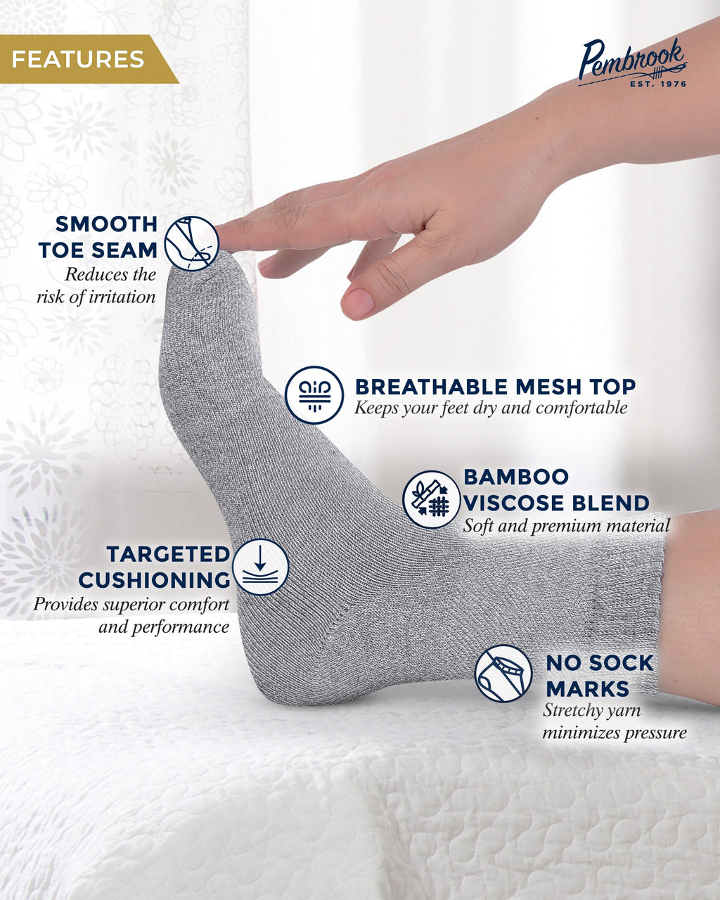 Pembrook Bamboo Viscose Diabetic Socks for Women & Men - 6 Pairs Ankle Socks for Swollen Feet | Neuropathy Socks | Stretch Top M