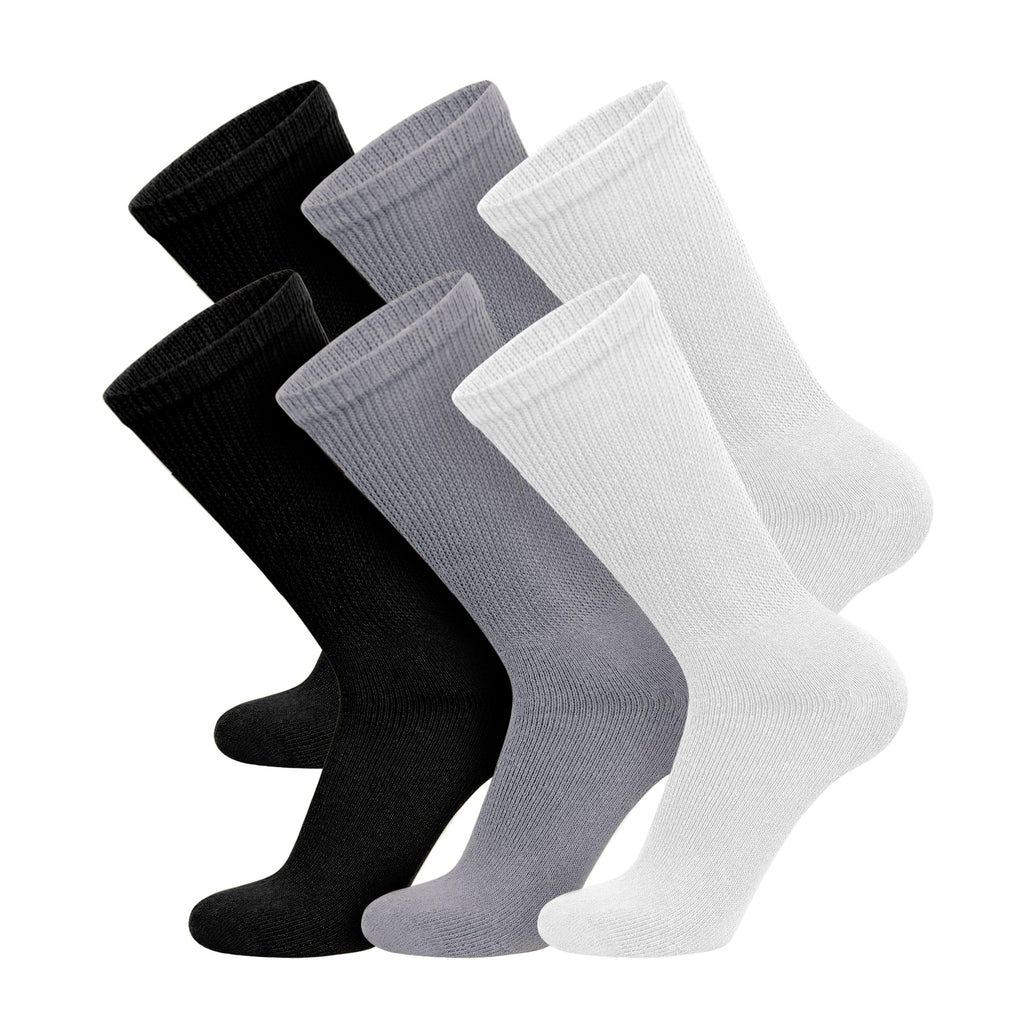 6 Pairs of Cotton Diabetic Non-Binding Neuropathy Crew Socks (Black, Gray, White, Fits Mens Shoe Size 8-10/Womens shoe size 9-11