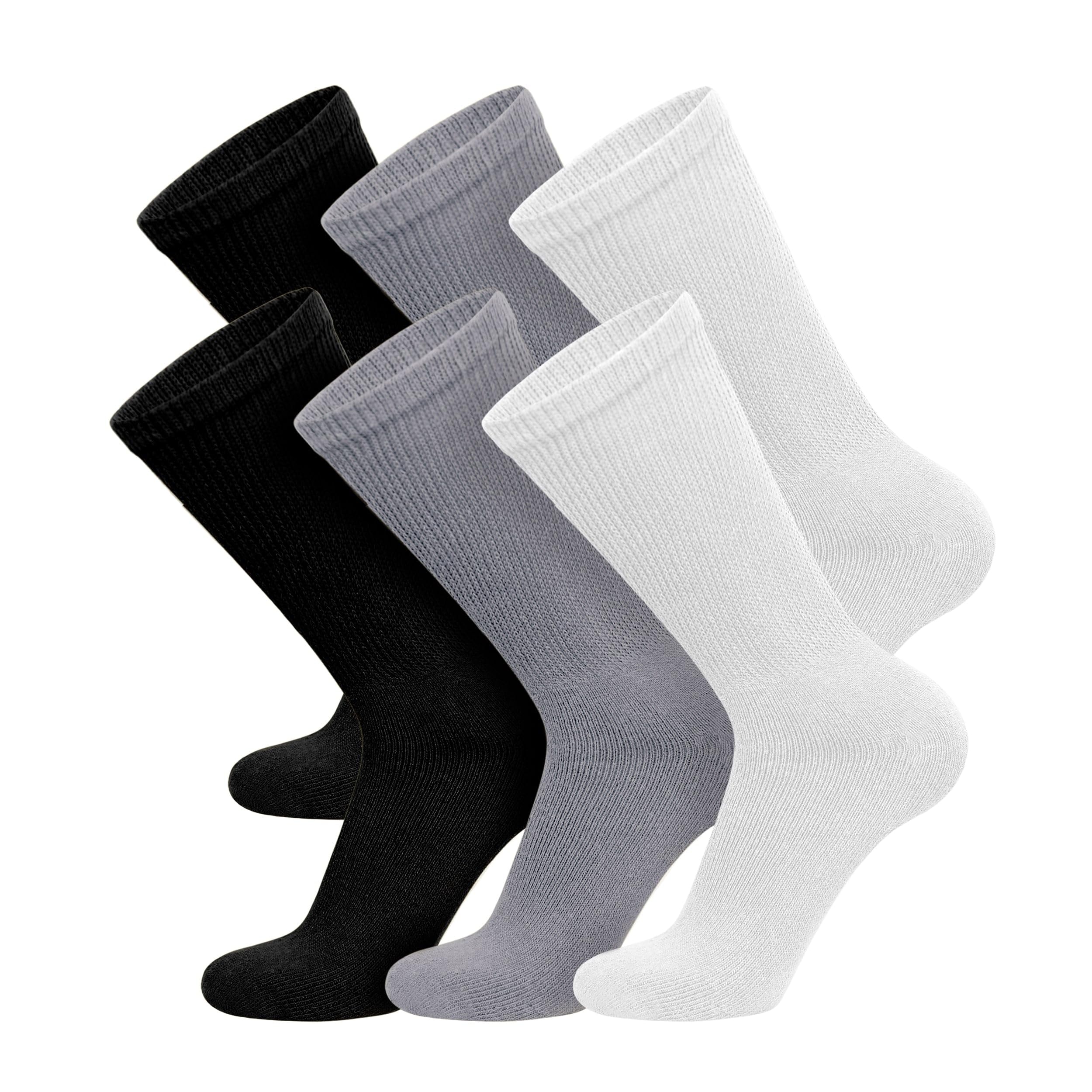 6 Pairs of Cotton Diabetic Non-Binding Neuropathy Crew Socks (Black, Gray, White, Fits Mens Shoe Size 8-10/Womens shoe size 9-11
