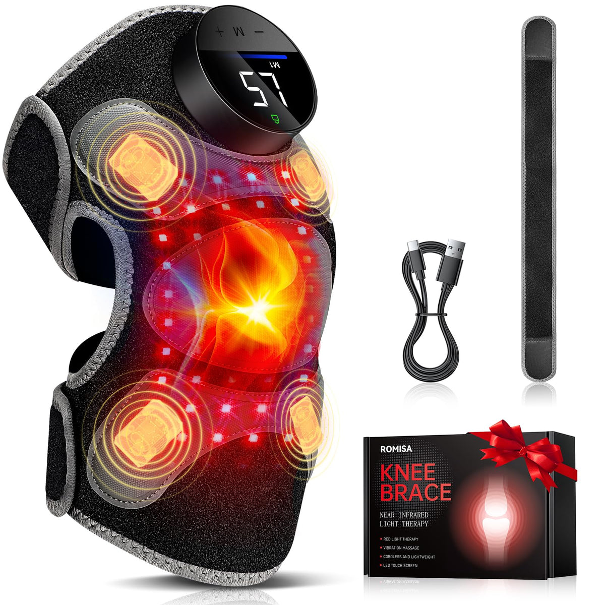 Upgraded PRO Red Light Therapy Knee Brace & 4 Vibration Massage  Rechargeable Controller, 660nm&850nm Red Light Therapy Heated 