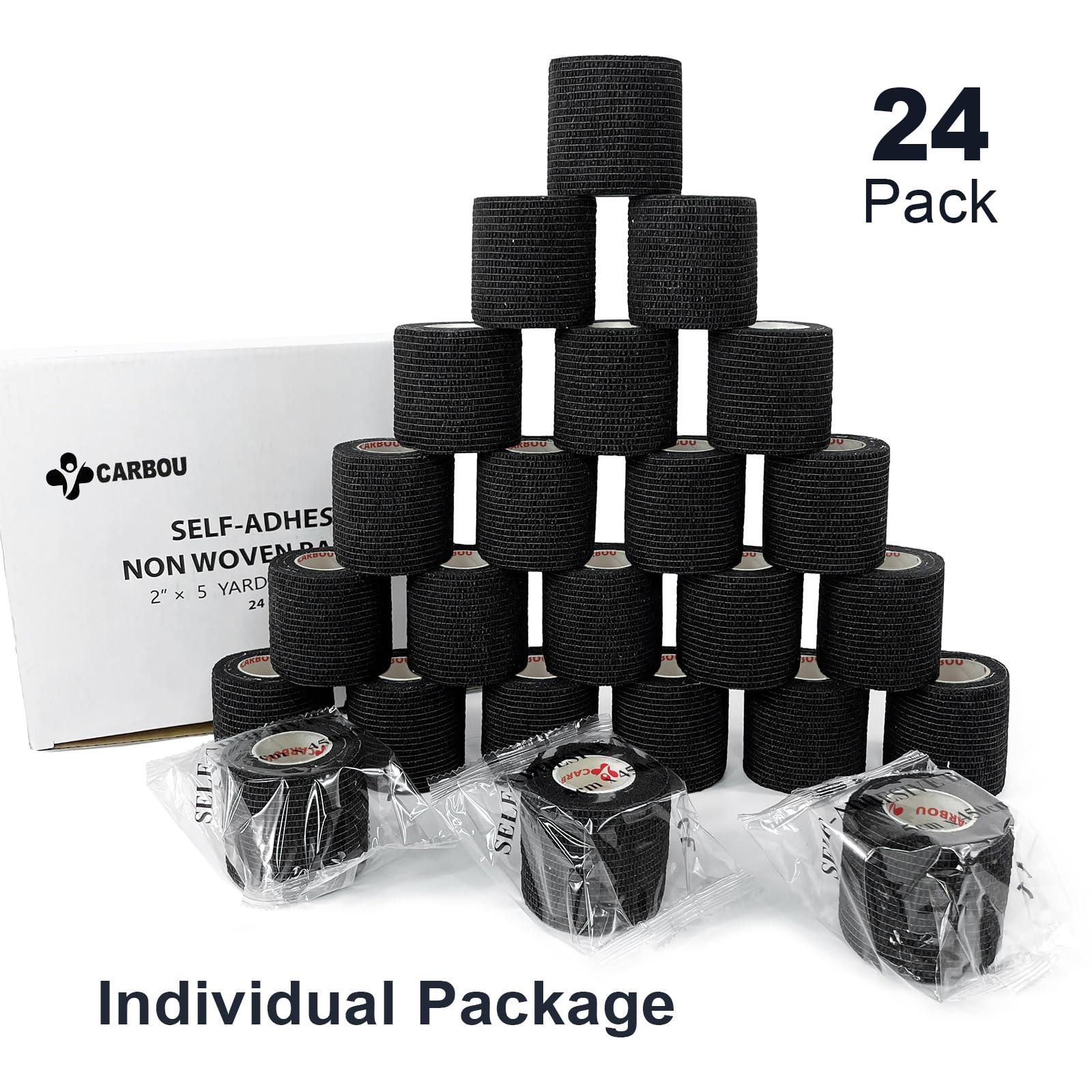 [24Pack 2 x5 Yards] Carbou-Self Adhesive Bandages Sports Wrap, Athletic Elastic Cohesive Bandage for Sports, Injuries, Treatment