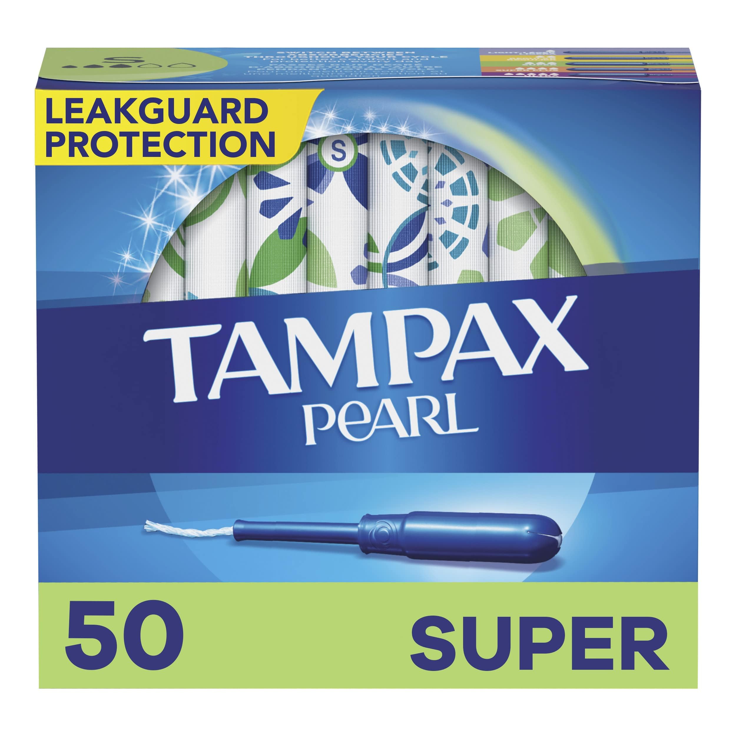 Tampax Pearl Tampons Super Absorbency, With Leakguard Braid, Unscented, Unscented, 50 Count