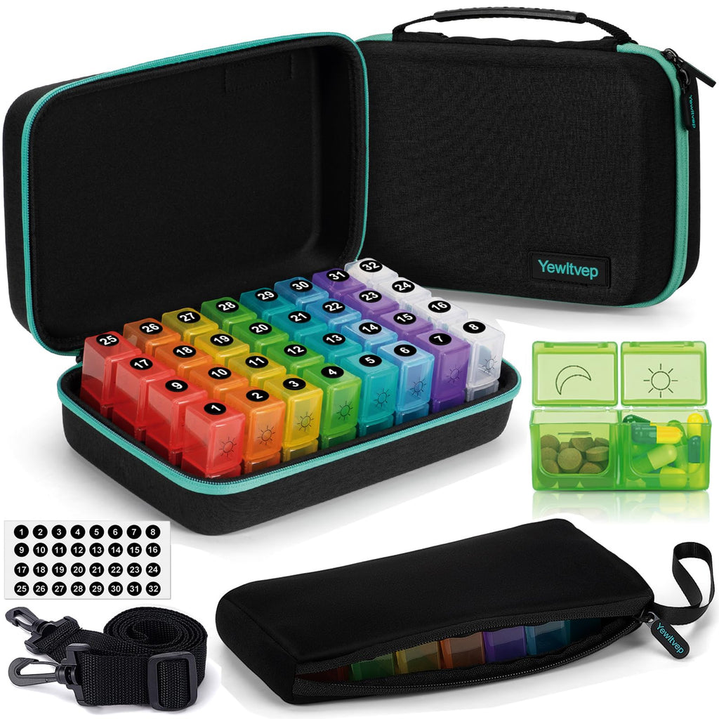 Monthly Pill Organizer 2 Times a Day with Weekly Pill Bag, 30 Day Pill Organizer 2 Times a Day with 32 Compartments, Monthly Sti
