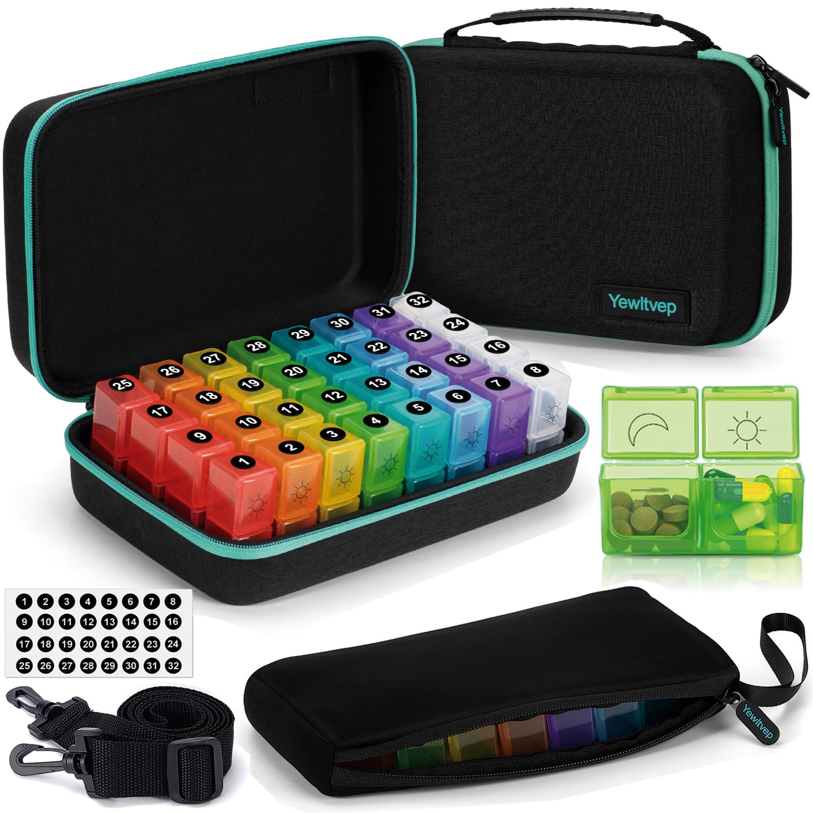 Monthly Pill Organizer 2 Times a Day with Weekly Pill Bag, 30 Day Pill Organizer 2 Times a Day with 32 Compartments, Monthly Sti