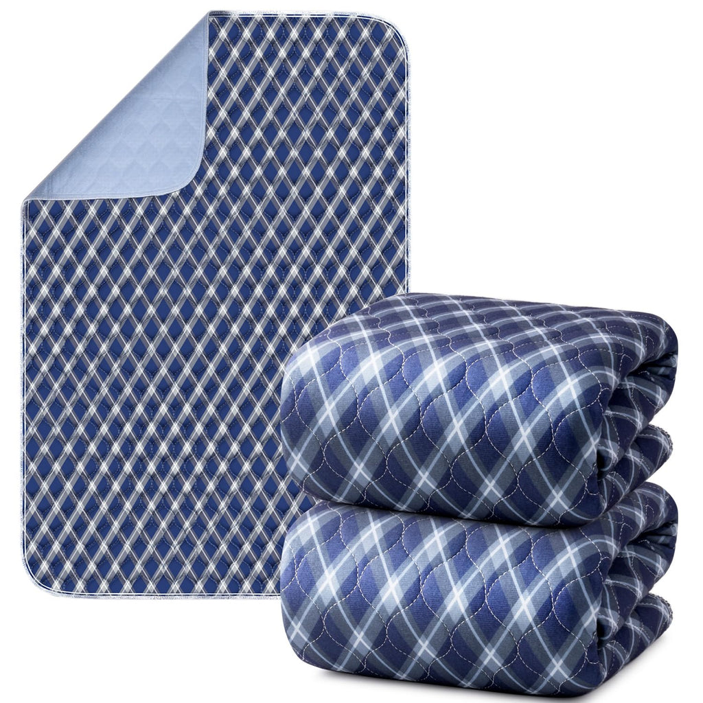 Non-Slip Bed Pads for Incontinence Washable (36 x 72|2 Pack), Navy Blue Grid, Waterproof Bed Pads, Bed Wetting Pads for Bed, Sof
