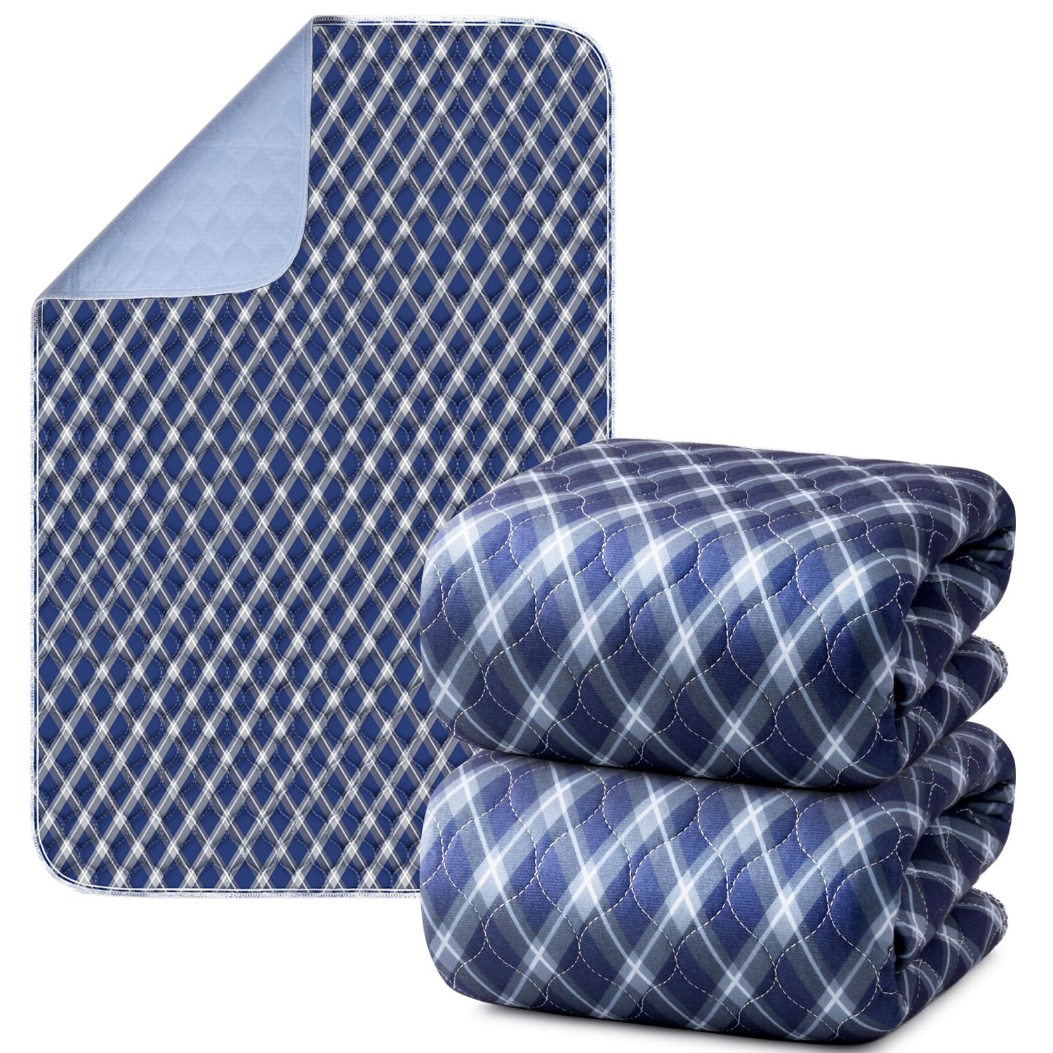 Non-Slip Bed Pads for Incontinence Washable (36 x 72|2 Pack), Navy Blue Grid, Waterproof Bed Pads, Bed Wetting Pads for Bed, Sof