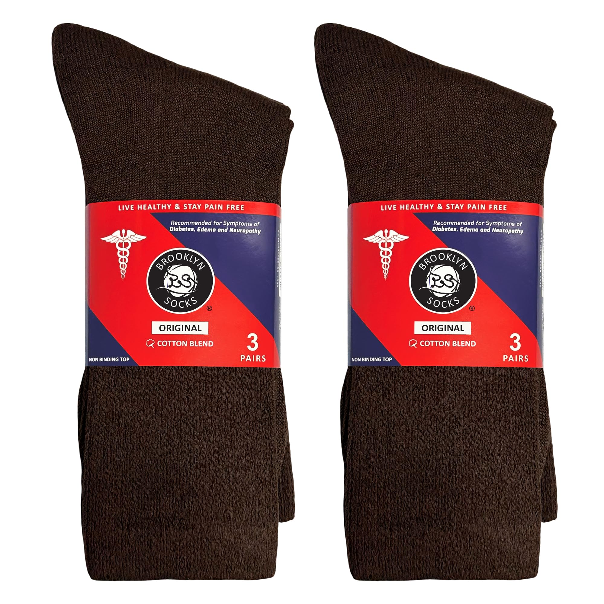 6 Pairs of Cotton Diabetic Non-Binding Neuropathy Crew Socks (Brown, Fits Mens Shoe Size 12-14.5)