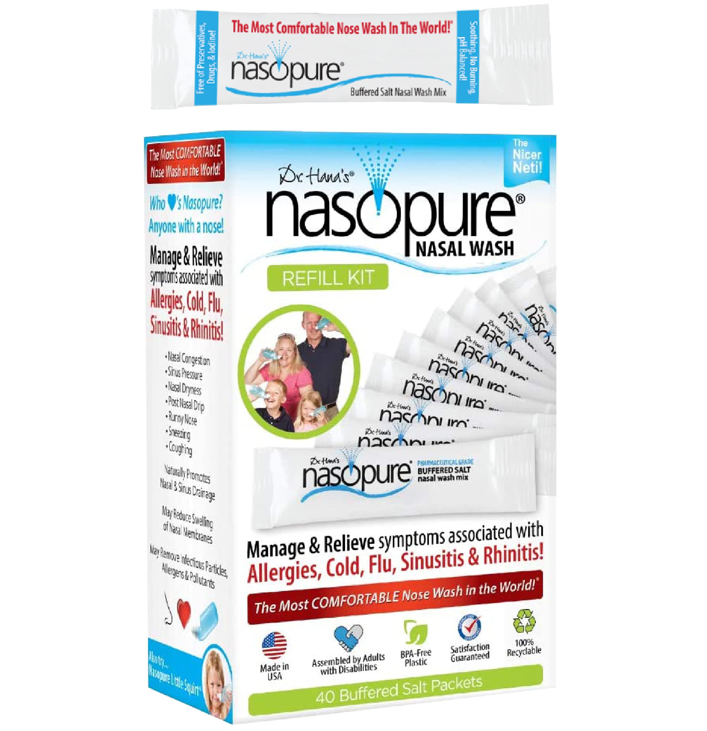 Nasopure Nasal Wash, Refill Kit, The Nicer Neti Pot    Sinus Wash Kit, Comfortable Nasal Rinse 40 Salt Packets (3.75 Grams Each)