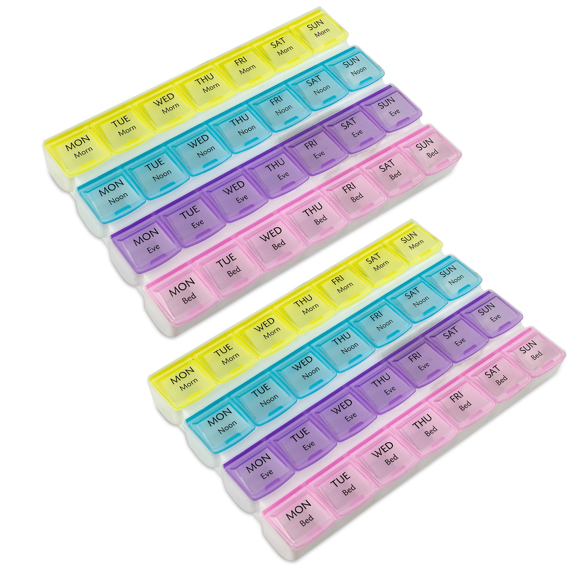 Weekly Pill Organizer - 4-Times-a-Day Pill Planner (Pack of 2) Pill Box Separates Pills & Vitamins with Daily Morning, Noon, Eve