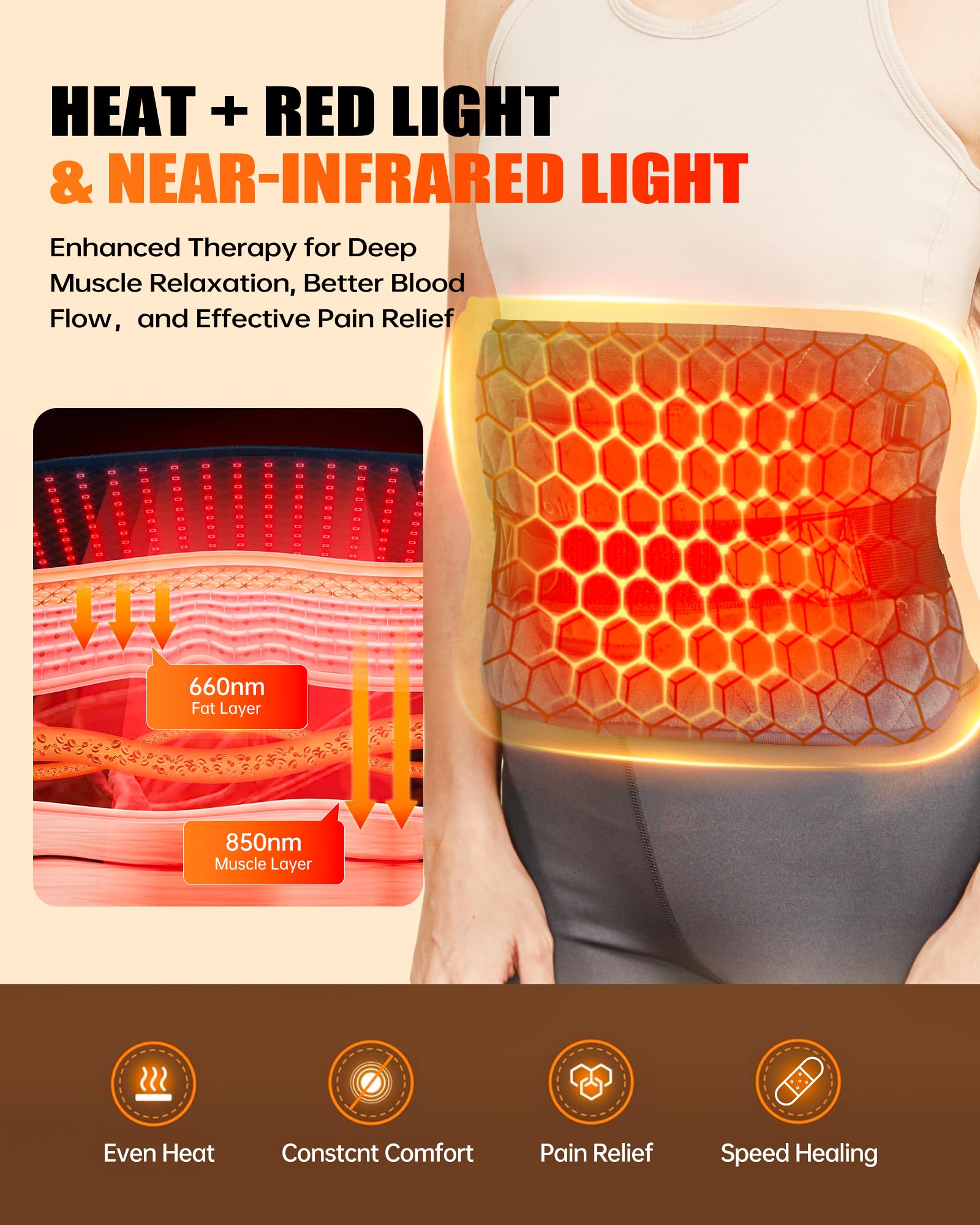 Quhealro Red Light Therapy for Body, Heating Pad Belt, 660nm & 850nm Red Light Near Infrared Heated Therapy Wrap for Lower Back