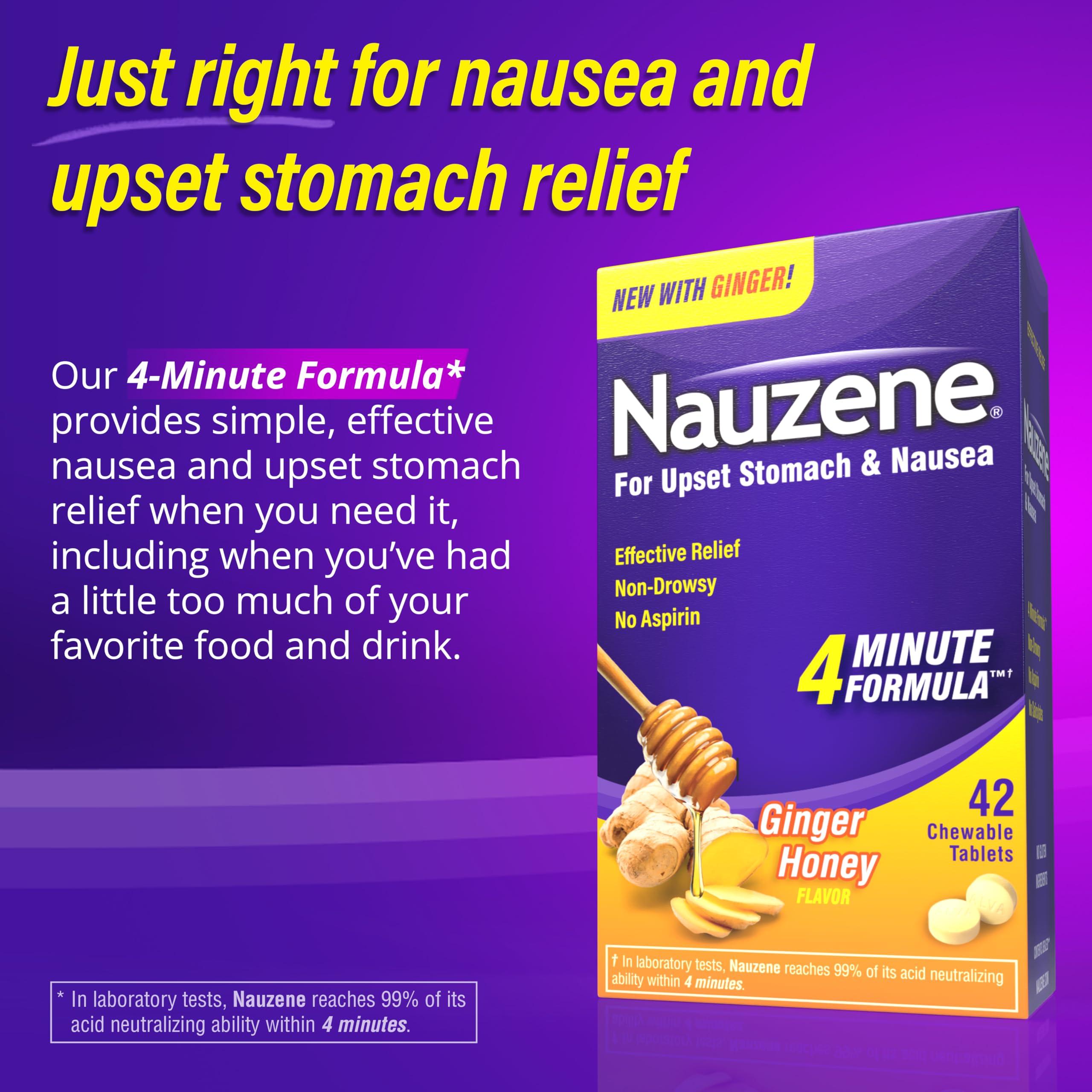 Nauzene Upset Stomach & Nausea Relief with Ginger | 4-Minute Formula | Non-Drowsy | Ginger Honey Flavor | 42 Count