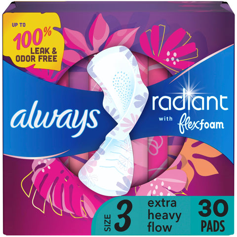 Always Radiant Feminine Pads for Women, Size 3 Extra Heavy, with Wings, Scented, 30 CT