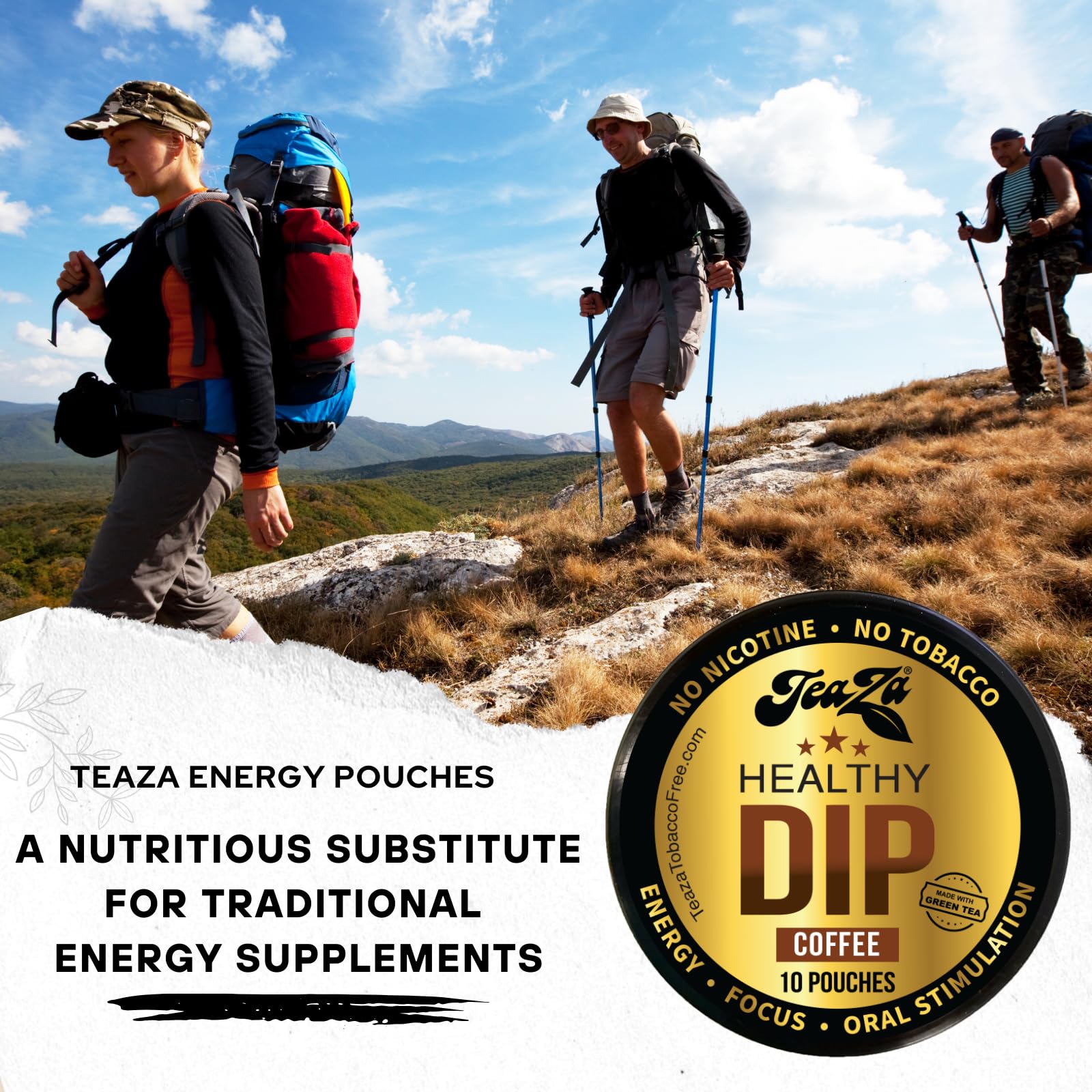 TeaZA Herbal Dip Coffee Pouches -Nicotine Free, Tobacco Free - Made with Green Tea Caffeine Energy Pouches (12 Pack)