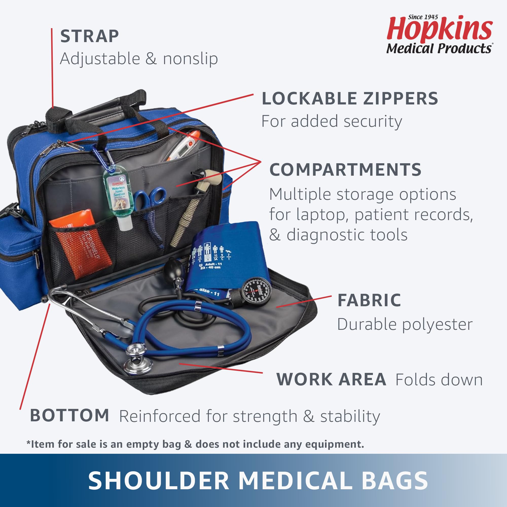 Hopkins Medical Products Home Health Shoulder Bag, 600D Waterproof Exterior, Large Storage Compartments, Removable Adjustable Sh