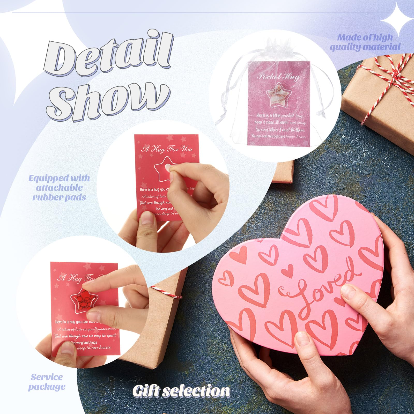 Tondiamo 60 Sets Pocket Hug Token Gifts Included Natural Star Shaped Crystal Stones, Hug Cards and Organza Bags for Coworkers, L