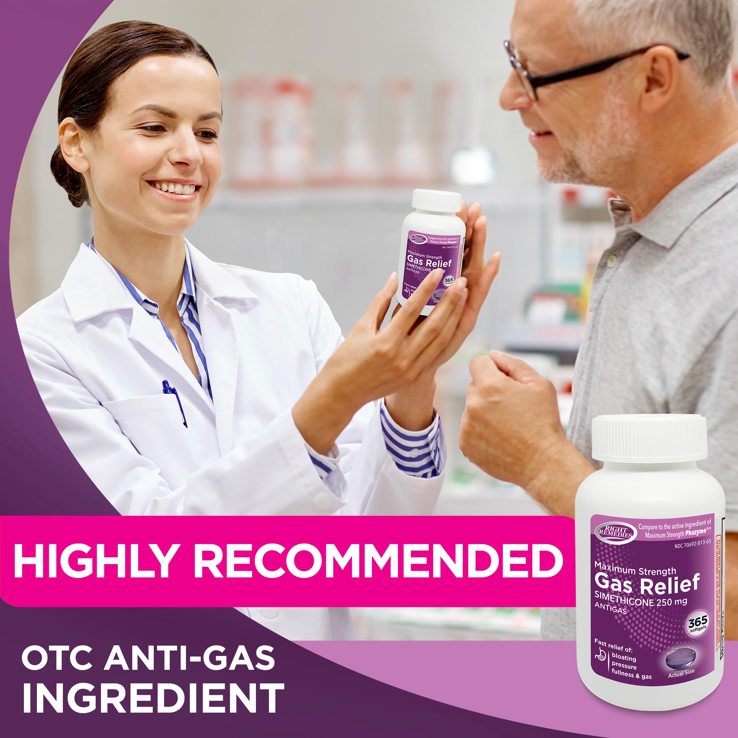 RIGHT REMEDIES Gas Relief Maximum Strength, Simethicone 250 mg, (365 Softgels), Fast Relief from Gas, Bloating, Fullness, Painfu