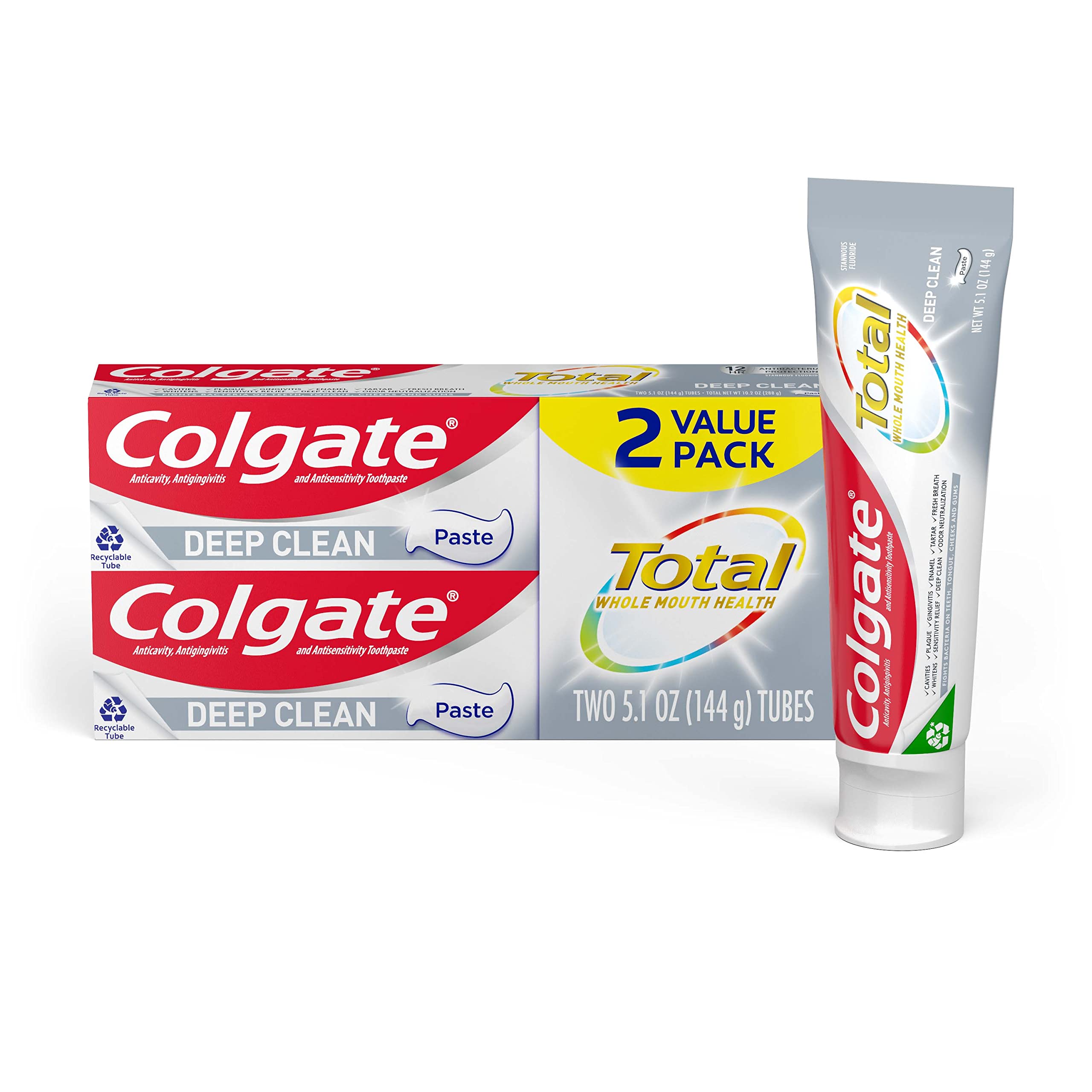 Colgate Total Deep Clean Toothpaste, Mint Toothpaste, 5.1 oz Tube, 2 Pack